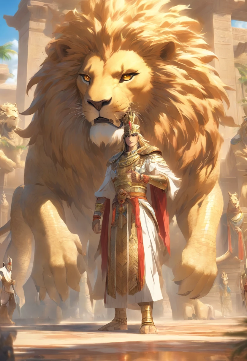 (((crocodile head lion body))) best quality, very high resolution, 4K detailed CG, masterpiece, Egyptian mythology, Ammit, sun in the background, Ancient Egypt, hybrid god, white clothes, lion body, Clothes Egyptians, Egyptian temple, desert, Ancient Egypt, ((lion's body)), Egyptian palace, aesthetics, beautiful image, centered on the screen,