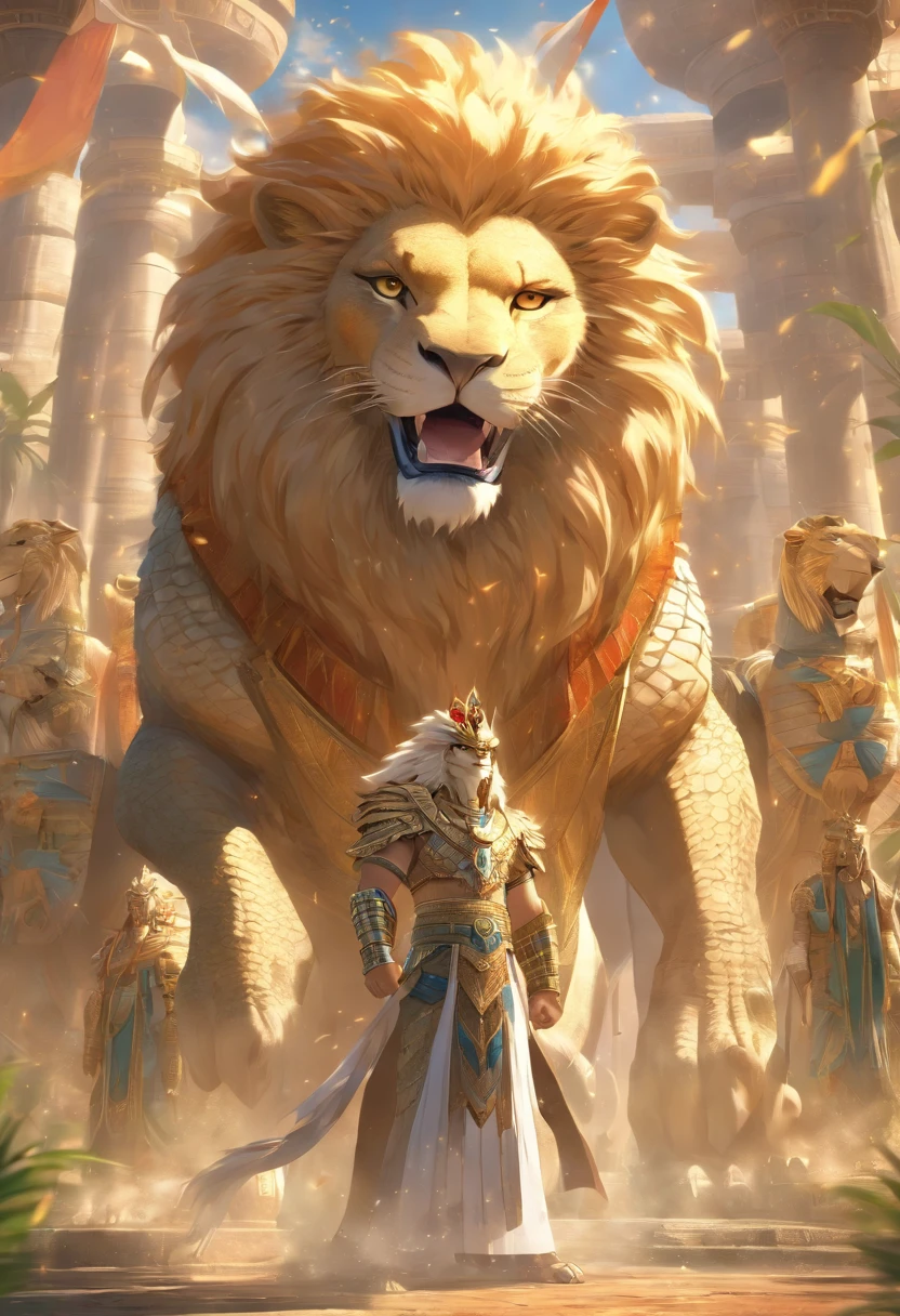 (((crocodile head lion body))) best quality, very high resolution, 4K detailed CG, masterpiece, Egyptian mythology, Ammit, sun in the background, Ancient Egypt, hybrid god, white clothes, lion body, Clothes Egyptians, Egyptian temple, desert, Ancient Egypt, ((lion's body)), Egyptian palace, aesthetics, beautiful image, centered on the screen,