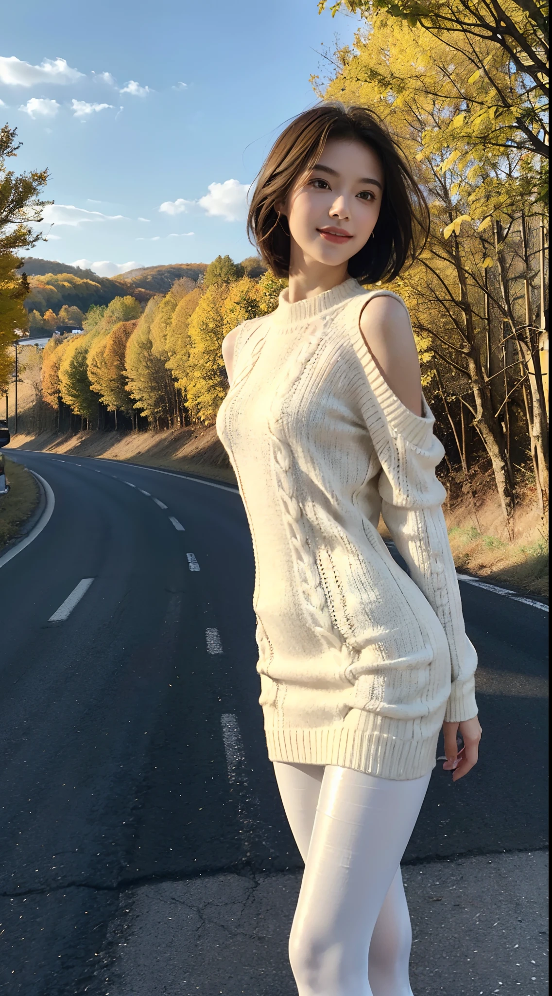(shoulder length straight short hair: 1.1),（Extremely meticulous CG 8k wallpaper），（Extremely refined and beautiful），（Masterpiece），（best qualtiy：1.0),(Ultra High Resolution:1.0),realistic shaded，[A high resolution],(Smooth and flawless fair skin:1.5),(shiny skin:1.5),Extremely exquisite facial details,(perfect body：1.1），ultra - detailed，A beautiful girl，small head,Hair flying,(Small breasts:1.1)，Flat chests，slim，thin,(smile:1.2),happy,(sweater dress:1.5),(pantyhose:1.4),(White sneakers:1.3),Slender legs,walking,(On roadside:1.3),(rows of yellow leaf trees on both sides of the road:1.3),sunny day,(day scene:1.5),Late autumn, blue sky, white clouds,close shot,upper body,cowboy shot