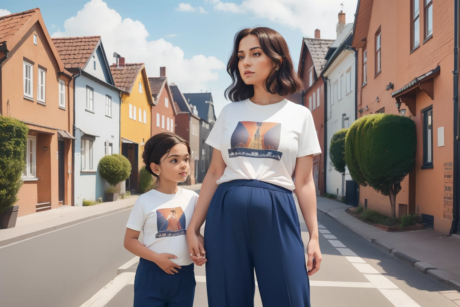 year: 2023. Location: Sweden. Pre-Raphaelite scene with a 35-year-old woman, short, persian, pregnant, arms crossed, looking at her husband, terraced houses, ((((casual Clothing from the 2020s, t-shirt and trousers)))) ((Hairstyle of the 2020s)), (((in the style of "OMITB")))
