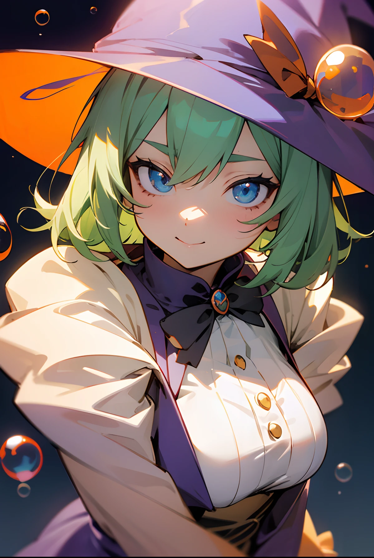 Dark Magician Girl、MKSKS style、独奏、(highly detailed back ground:1.0)、(highly detailed back ground:1.0)、masterpiece、top-quality、超A high resolution、8K、BREAK、From above、Perched、(1/2 and 1 gray/2 Lime Green Hair)、Cat's ears、BREAK、Detailed clothing、White shirt、Detailed skin、glowy skin、A detailed eye、Blue eyes、looking in camera、Burning cheeks、Smile、Large breasts、BREAK、(Soap bubbles:1.2、Halloween on both sides:1.4)、Daytime、dynamic ungle