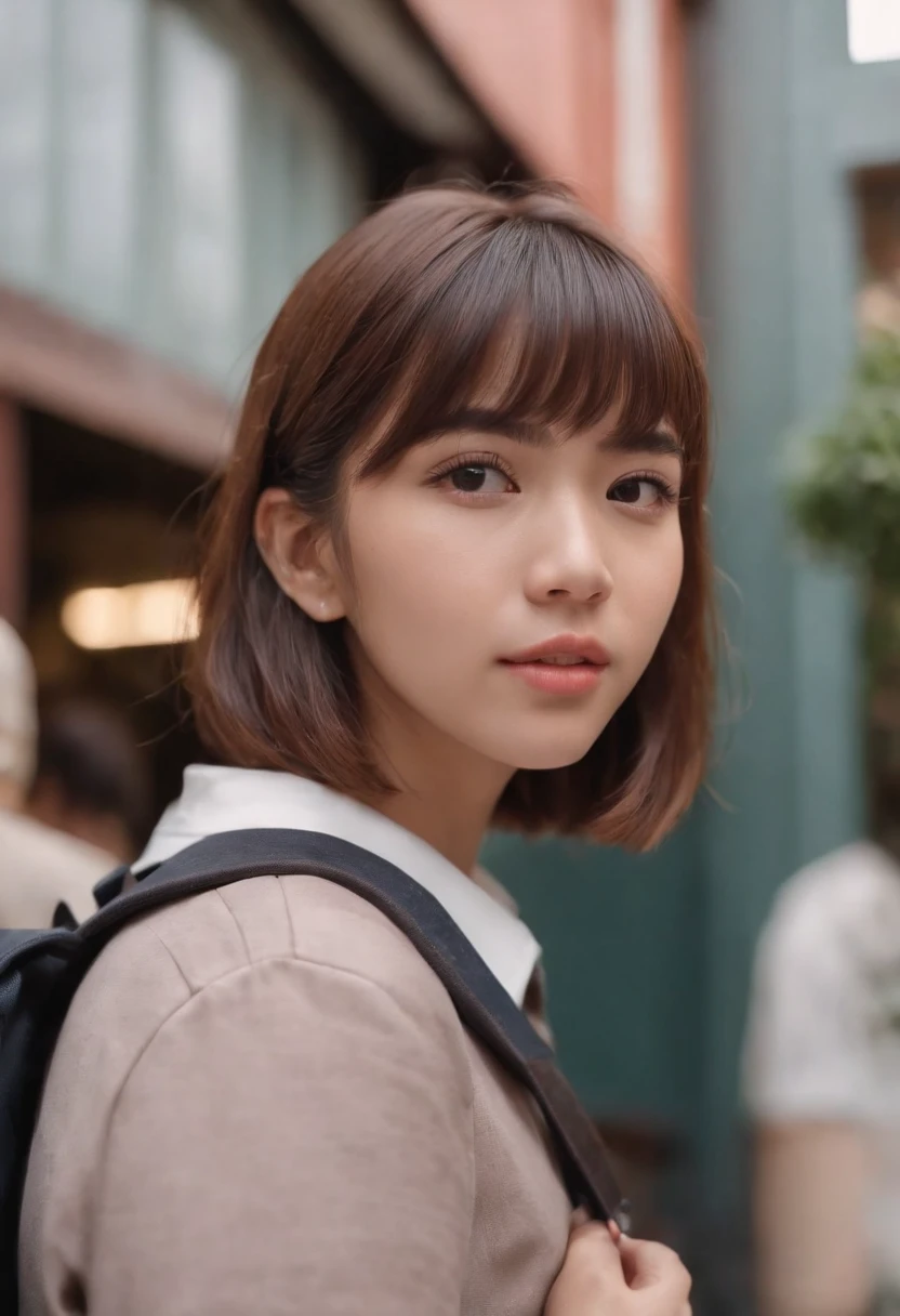 photorealistic 8K image of a Malay female high school student with short bob haircut with bangs, wearing a Malaysian high school uniform, carrying a canvas backpack, waiting outside a bookstore, chewing bubble gum, an old public telephone nearby, portrait photography, mid shot,