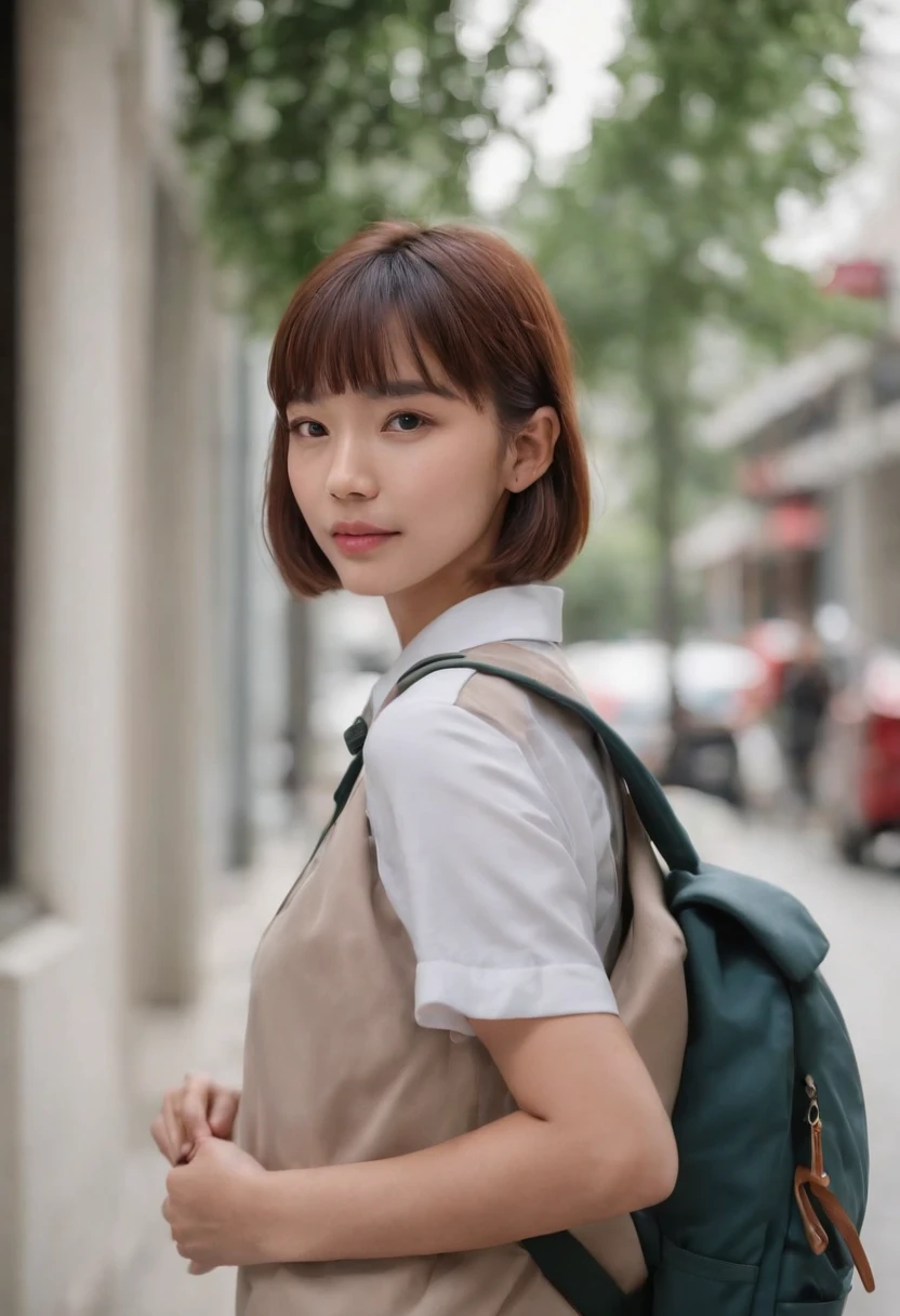 photorealistic 8K image of a Malay female high school student with short bob haircut with bangs, wearing a Malaysian high school uniform, carrying a canvas backpack, waiting outside a bookstore, chewing bubble gum, an old public telephone nearby, portrait photography, mid shot,