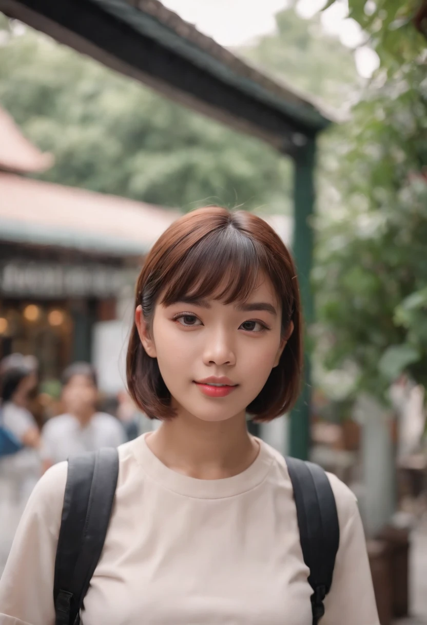 photorealistic 8K image of a Malay female high school student with short bob haircut with bangs, wearing a Malaysian high school uniform, carrying a canvas backpack, waiting outside a bookstore, chewing bubble gum, an old public telephone nearby, portrait photography, mid shot,