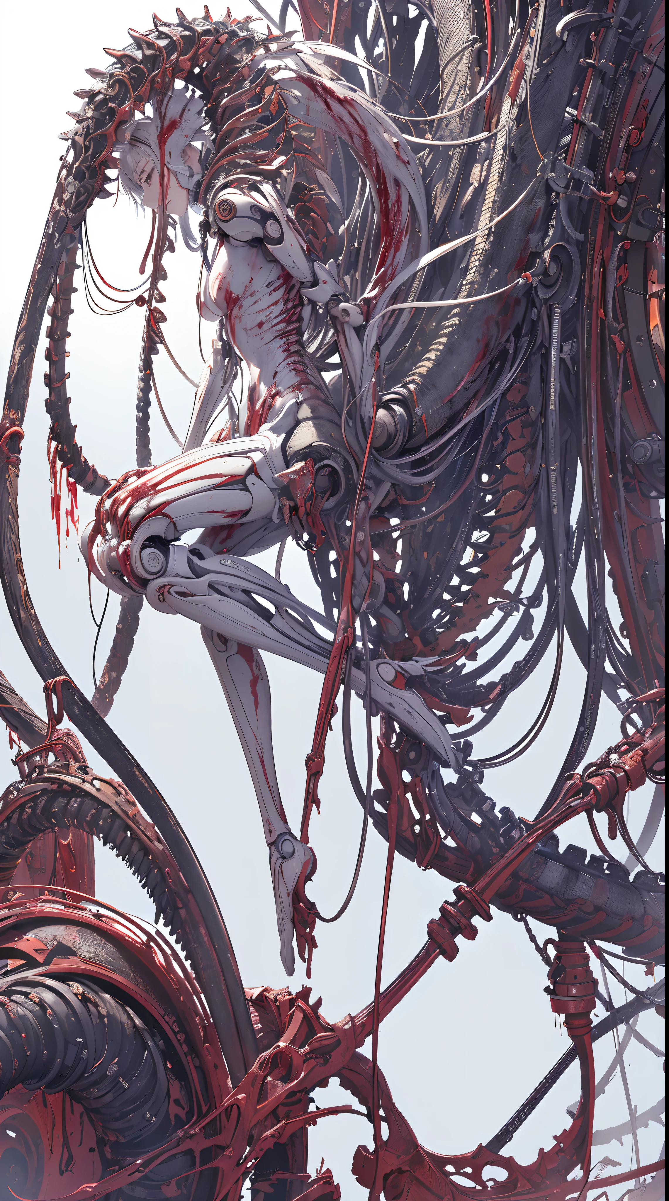 (masterpiece, top quality, best quality, official art, beautiful and aesthetic:1.2), (1girl:1.3), extreme detailed,colorful,highest detailed ((ultra-detailed)), (highly detailed CG illustration), ((an extremely delicate and beautiful)),(from side),cinematic light,((1mechanical girl)),solo,full body,(machine made joints:1.2),((machanical limbs)),(blood vessels connected to tubes),(mechanical vertebra attaching to back),((mechanical cervial attaching to neck)),(sitting),expressionless,(wires and cables attaching to neck:1.2),(wires and cables on head:1.2)(character focus),science fiction,white background,(blood:1.5)