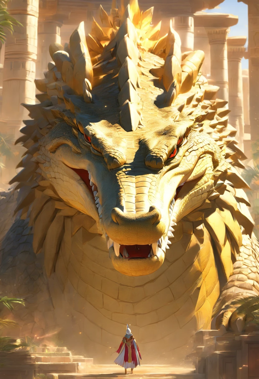 (((crocodile head))) ,lion body,best quality, very high resolution, 4K detailed CG, masterpiece, Egyptian mythology, Ammit, sun in the background, Ancient Egypt, lion god, white clothes, lion body , Egyptian clothing, Egyptian temple, desert, Ancient Egypt, ((lion's body)), Egyptian palace, aesthetics, beautiful image, centered on the screen,