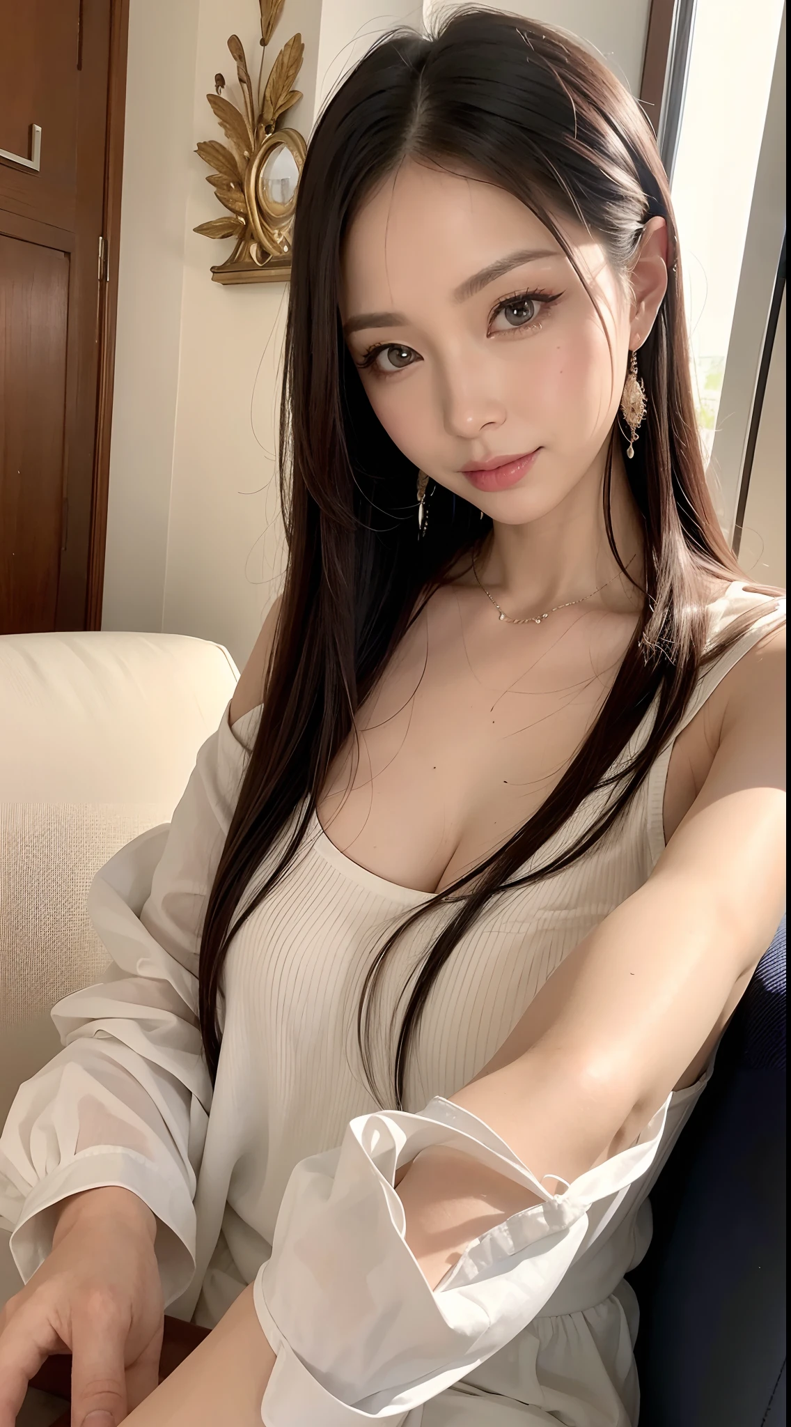 Japanese lady, skinny shape, small breasts, extremely slender waist, beautiful face, beautiful eyes, normal makeup, black long hair, wearing a tight grey dress, looking back for a viewer, 1girl in, solo, detailed face and eyes, detailed fingers and arms. Full body photo.