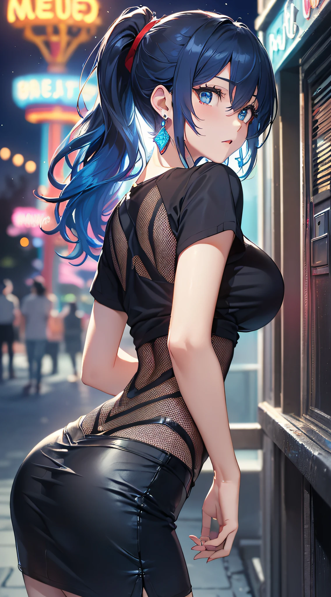top-quality、Top image quality、masterpiece、girl with((18year old、Best Bust、Medium bust、Bust 85,Beautiful blue eyes、Breasts wide open,Black Short Sleeve T-Shirt、White see-through、Black short skirt、Ponytail with black hair、Anxious face、Beautiful blue earrings、emphasis on the buttocks、A slender、Height 175cm,posterior view、Leaning forward、Blue hair mesh))hiquality、Beautiful Art、Background with((Night amusement park、Red and blue lighting、In front of the haunted house)),masutepiece、Elaborate design、visualart、depth of fields、The best lighting、highestdetailed、8k