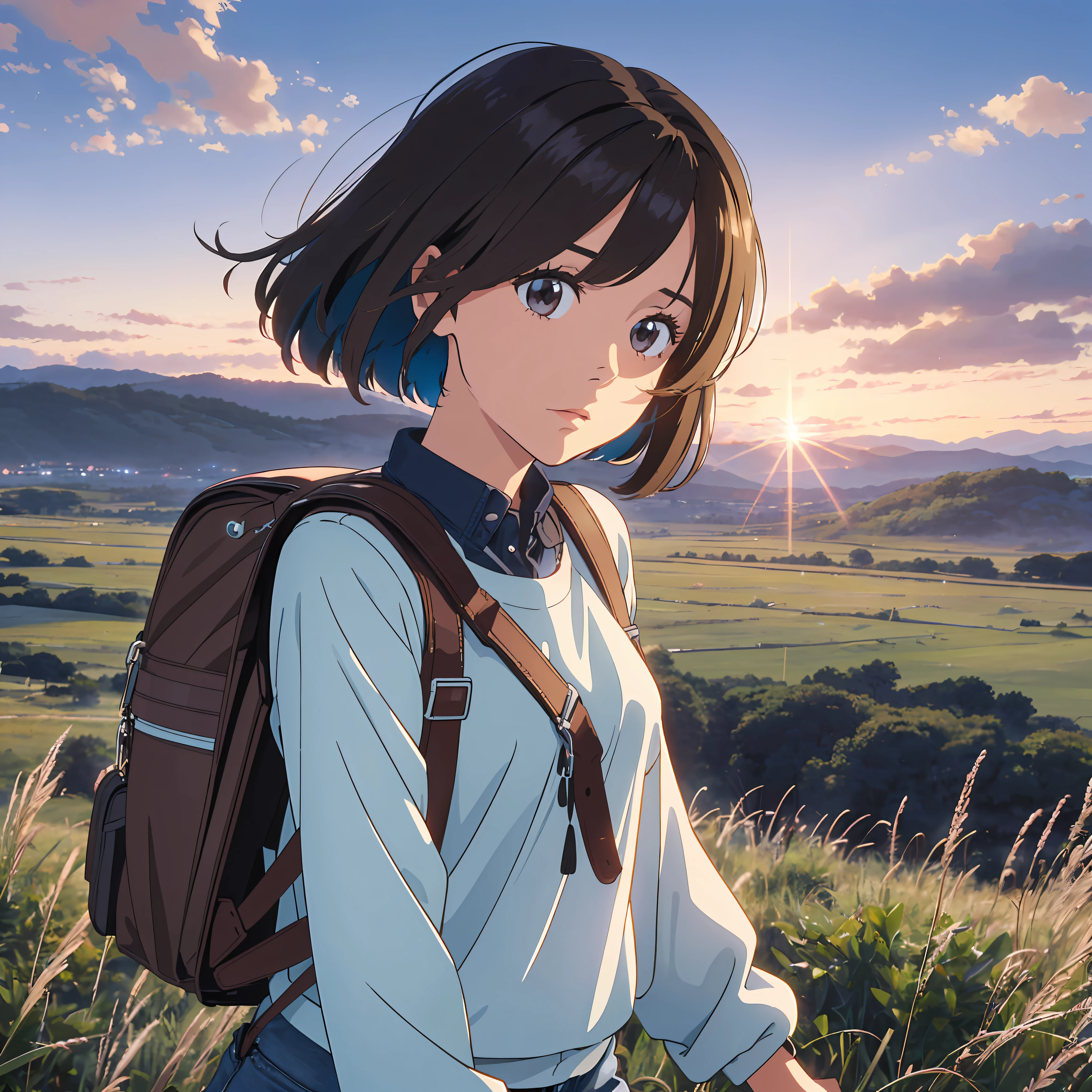 (beautiful and magnificent skyline, majestic sky), (extremely tense and dramatic pictures, moving visual effects), (high hanging Polaris, colorful natural light), (1girl), (long-sleeved top, denim shorts, carrying a backpack), (dynamic pose:1.3, black eyes, black hime-cut hair, sparkling girl)[:0.8], (large grassland), (oncoming breeze), (brown hair and background Coordination effect: 1.2), (close shot, long shot mix and match)[::0.9] --auto --s2