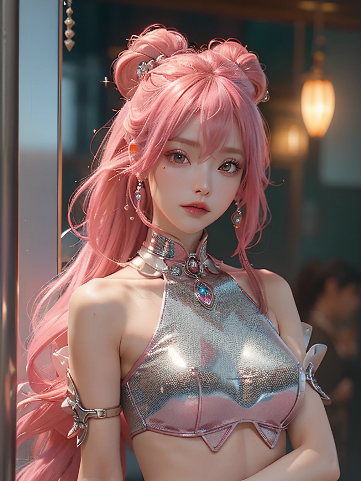 ​masterpiece、hightquality、。.。.。.。.。.。.3D、8K CG、intricate detailes、细致背景、Sacred。ornament detached, Dylan Kowalski, 15yo student, ((2girls)), The upper part of the body, musculature, Skindentation, looking to side, Pink hair、length hair,  Mechanical arm, synthetic skin, porcelain, pearls, Holographic, Titanium, Diamonds, ruby, sapphires, Pedras preciosas, Clockwork, grunge, worn edges, s Armor, Beautiful breasts、Twin-tailed hairstyle、