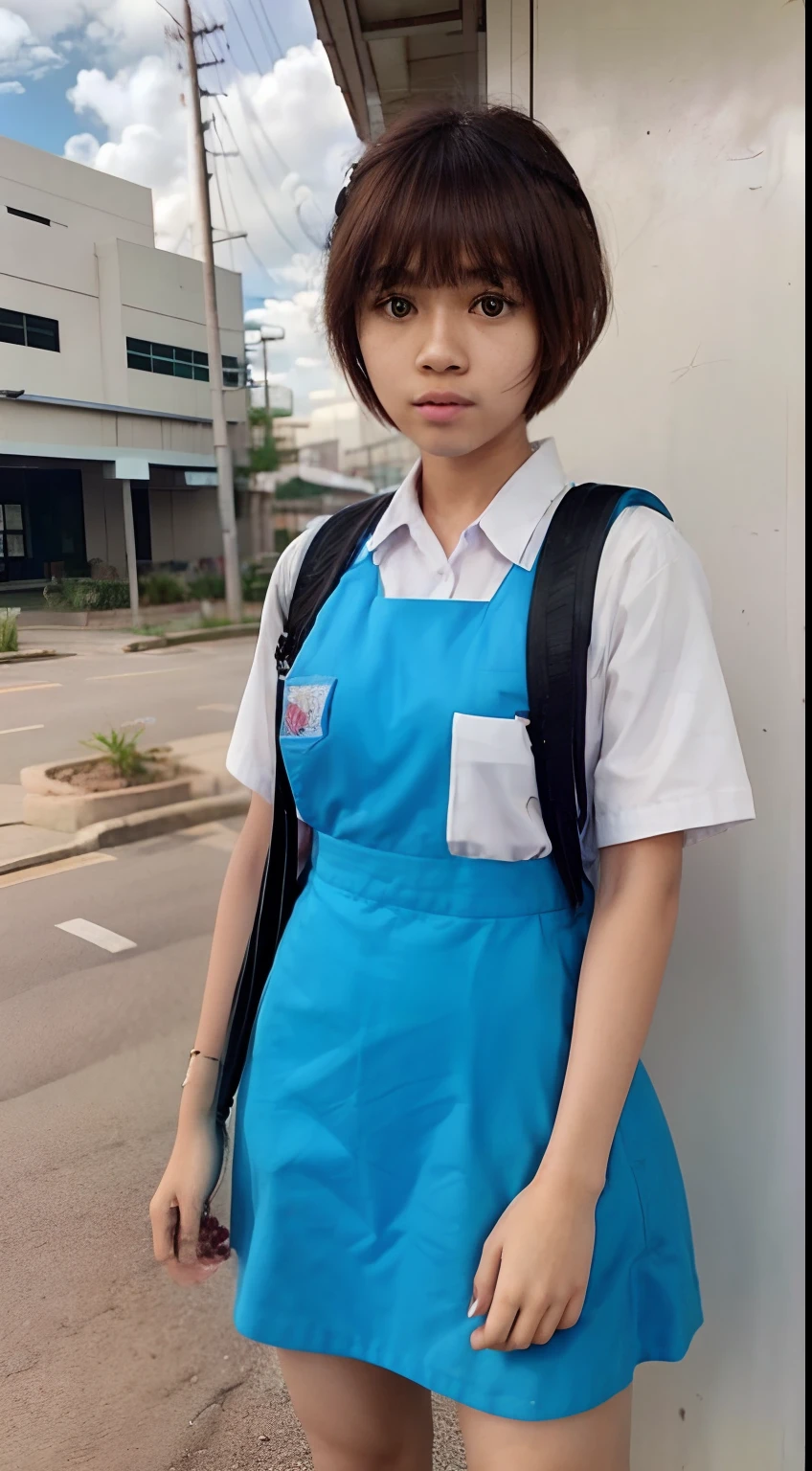 photorealistic 8K image of a Malay female high school student with short bob haircut with bangs, wearing a Malaysian high school uniform, carrying a canvas backpack, waiting outside a bookstore, chewing bubble gum, an old public telephone nearby, portrait photography, mid shot,