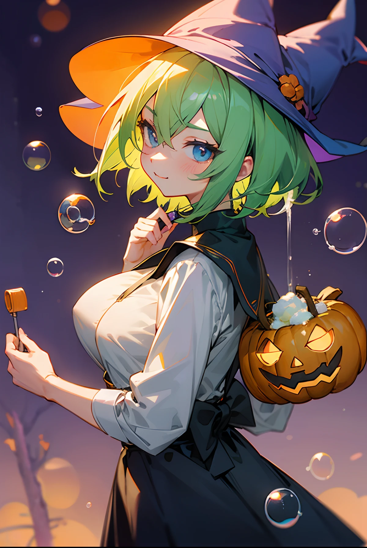 Dark Magician Girl、MKSKS style、独奏、(highly detailed back ground:1.0)、(highly detailed back ground:1.0)、masterpiece、top-quality、超A high resolution、8K、BREAK、(Perched:1.2)、(1/2 and 1 gray/2 Lime Green Hair)、Cat's ears、BREAK、Detailed clothing、White shirt、Detailed skin、glowy skin、A detailed eye、Blue eyes、looking in camera、Burning cheeks、Smile、Large breasts、BREAK、(soap bubbles:1.2、Halloween:1.4)、Daytime、dynamic ungle
