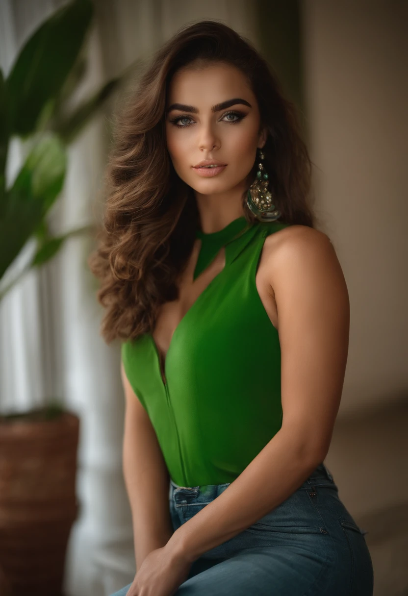 Arafed mulher com uma regata branca e colar,  com olhos verdes, Retrato Sophie Mudd, cabelos castanhos e olhos grandes, selfie de uma jovem mulher, Camera eyes, Violeta Myers, sem maquiagem, Maquiagem natural, staring directly at camera, Rosto com Artgram, Maquiagem sutil, Great full body photo, olhos verdes penetrantes, Beautiful angle, Pose atraente, menina bonise sexy, Imagem corporal inteira, Corpo inteiro, Tiroteio de corpo inteiro, Deusa morena, High detail, Pose satisfeita, leather trousers