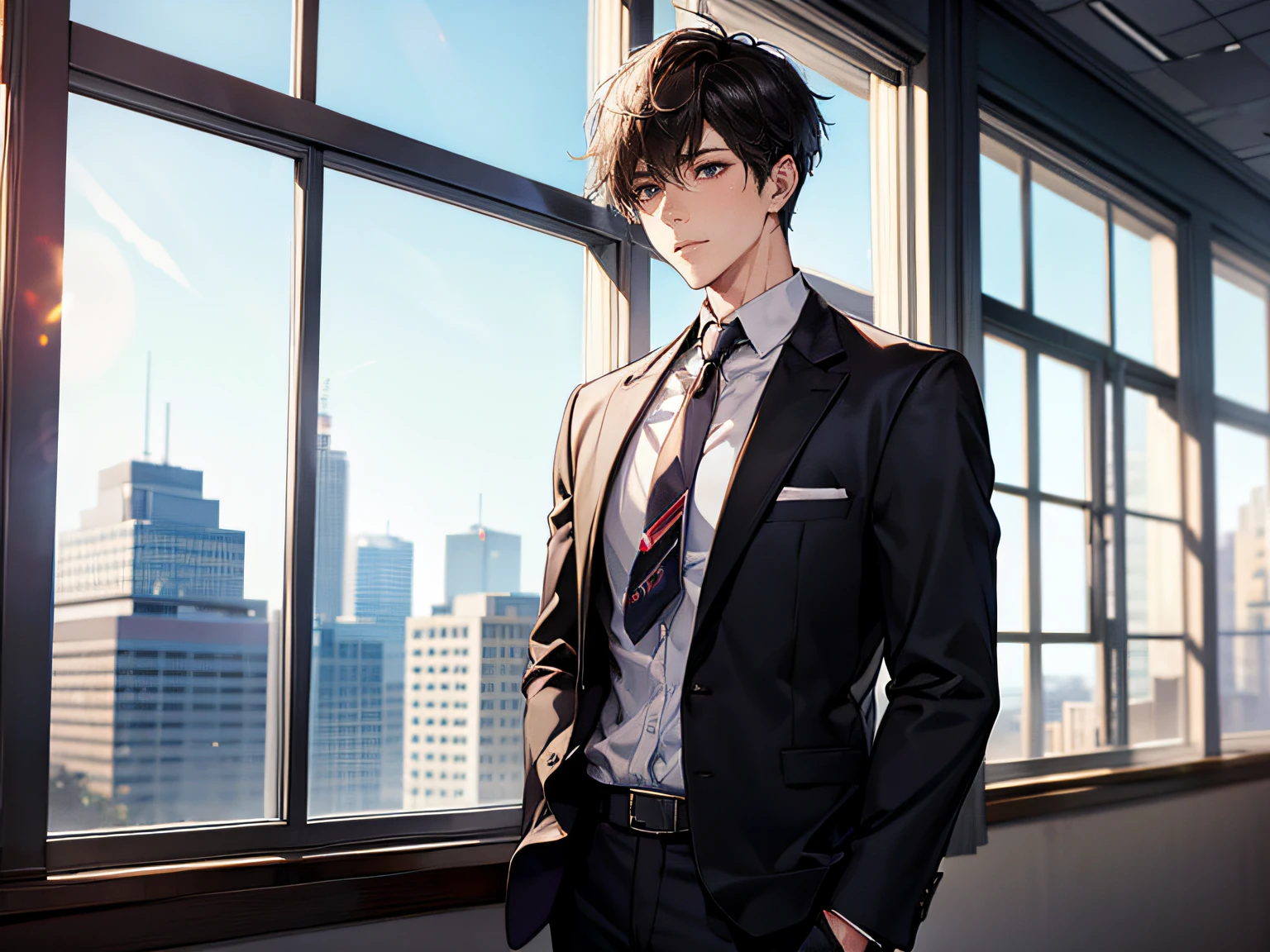 1boy, face focus, adult, business suit, jacket, white shirt, necktie, pants, best quality, hires, detailed face, office, buildings from window, detailed background, diffused sunlight, depth of field, bokeh