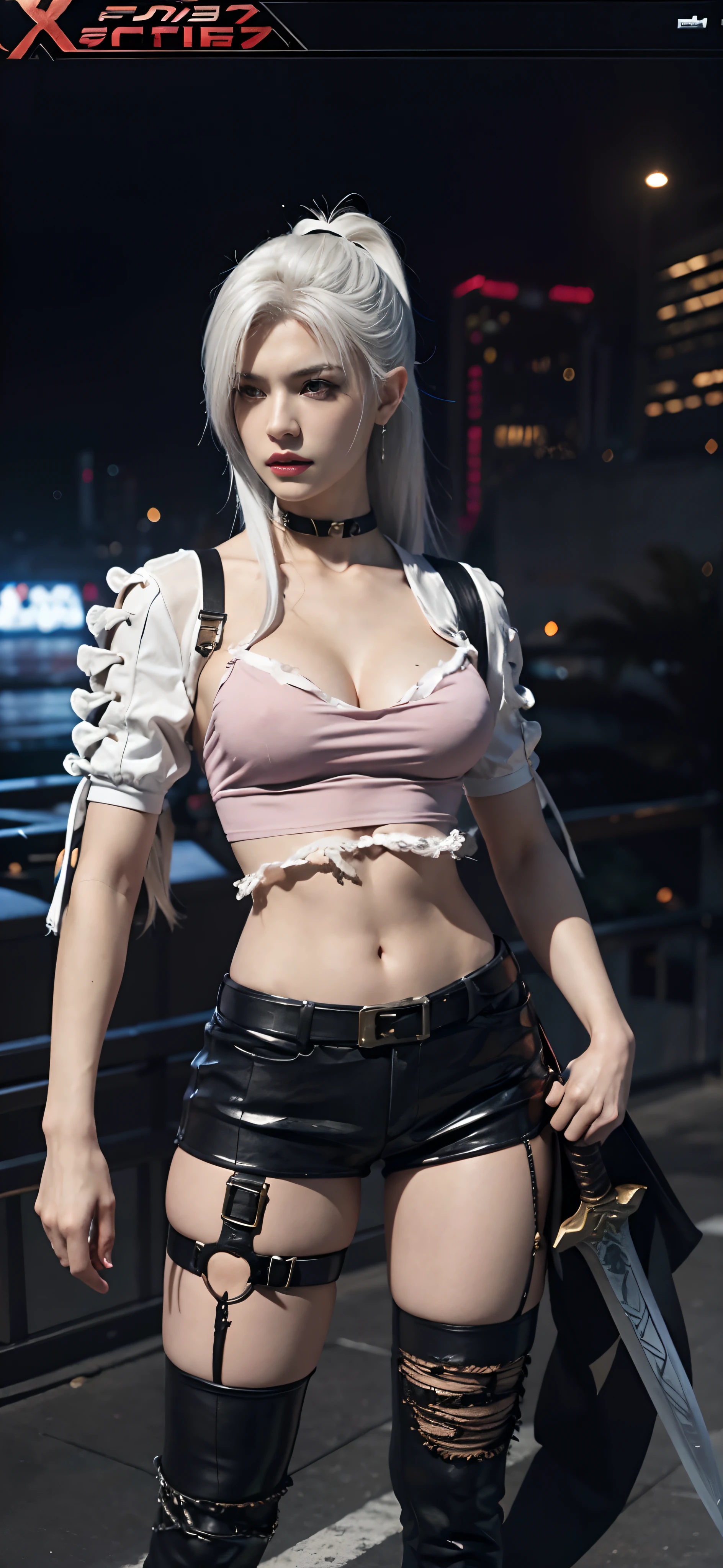 a close up of a person in a costume with a sword, as a character in tekken, female character, tifa lockhart with white hair, katana zero video game character, lunar themed attire, kda, slim body, cyborg - girl with silver hair, upper body avatar, (( medium breast;1.2)), fashion gameplay screenshot, fighting game character, new character, floralpunk elysian maiden, sigma female