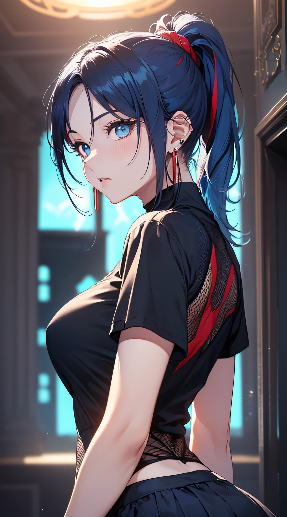 top-quality、Top image quality、masterpiece、girl with((18year old、Best Bust、Medium bust、Bust 85,Beautiful blue eyes、Breasts wide open,Black Short Sleeve T-Shirt、White see-through、Black short skirt、Ponytail with black hair、Anxious face、Beautiful blue earrings、emphasis on the buttocks、A slender、Height 175cm,posterior view、Leaning forward、Blue hair mesh))hiquality、Beautiful Art、Background with((Red and blue lighting、haunted house)),masutepiece、Elaborate design、visualart、depth of fields、The best lighting、highestdetailed、8k