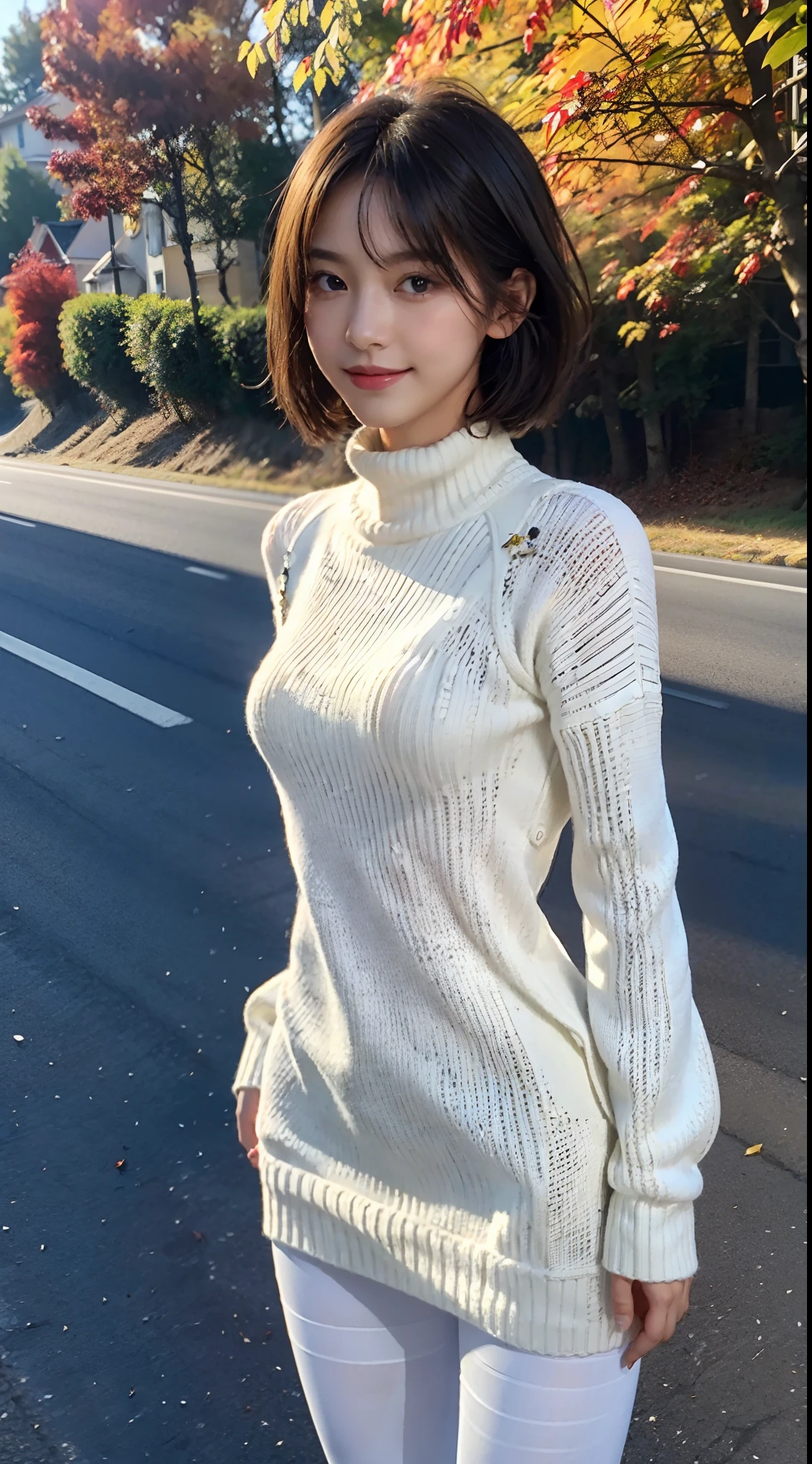 (shoulder length straight short hair: 1.1),（Extremely meticulous CG 8k wallpaper），（Extremely refined and beautiful），（Masterpiece），（best qualtiy：1.0),(Ultra High Resolution:1.0),realistic shaded，[A high resolution],(Smooth and flawless fair skin:1.5),(shiny skin:1.5),Extremely exquisite facial details,(perfect body：1.1），ultra - detailed，A beautiful girl，small head,Hair flying,(Small breasts:1.1)，Flat chests，slim，thin,(smile:1.2),happy,(sweater dress:1.5),(pantyhose:1.4),(White sneakers:1.3),Slender legs,walking,(On roadside:1.3),(rows of red leaf trees on both sides of the road:1.3),sunny day,(day scene:1.5),Late autumn, blue sky, white clouds,close shot,upper body,cowboy shot