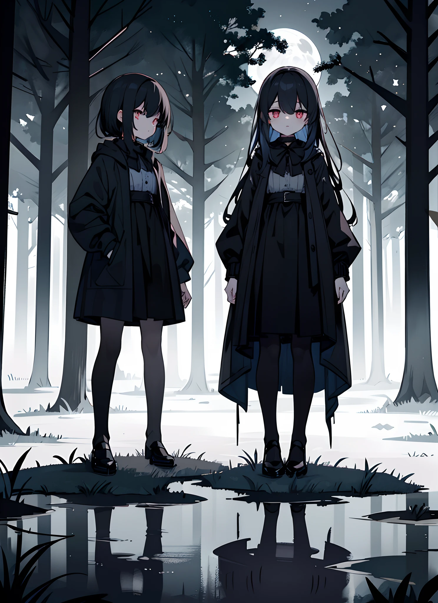 (dark,black water), rippled lake, moonlit night, reflection of stars and moon, mystical ambiance, shimmering water surface,(best quality, ultra-detailed), yandere girls in a dark forest, holding sharp knives, with blood and gore all around them. The girls have a petite and small stature, but their eyes are extremely detailed, showing their intense and twisted obsession. Their lips are also beautifully detailed, but with a hint of madness. The forest is dense and eerie, with twisted trees and a haunting atmosphere. The lighting is dim, casting eerie shadows on the blood-soaked ground. The image has a horror art style, with a dark and intense color palette, emphasizing the sinister and violent nature of the scene.