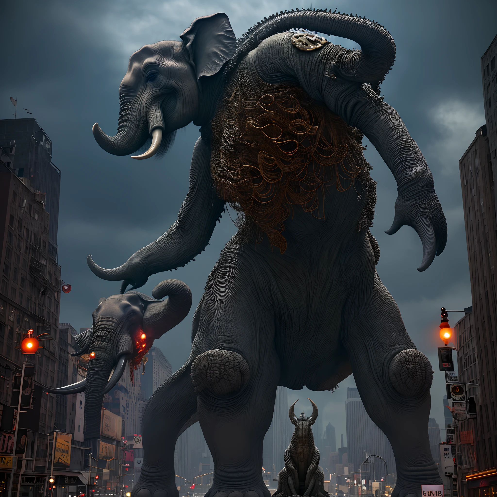 there is a statue of an elephant with its mouth open, looming creature with a long, kaiju towering above new york, kaiju cephalopod, nanotech demonic monster horror, scary monster statues, bizarre alien creature, giant kaiju starfish monster, chtulhu, kaiju, a creature 5 meters tall, mothman, monstrocity animal