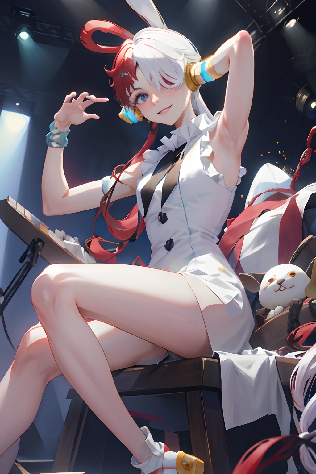 ​masterpiece, top-quality, hight resolution, 1girl, split-colored hair, Hair above one eye, red hairs, O cabelo multicolorido, length hair, a purple eye, hair rings, robe blanche, headphones, White hair, a black ribbon, bangss, sleeveless, medium chest, feet pose, a smile, tusk, stage、