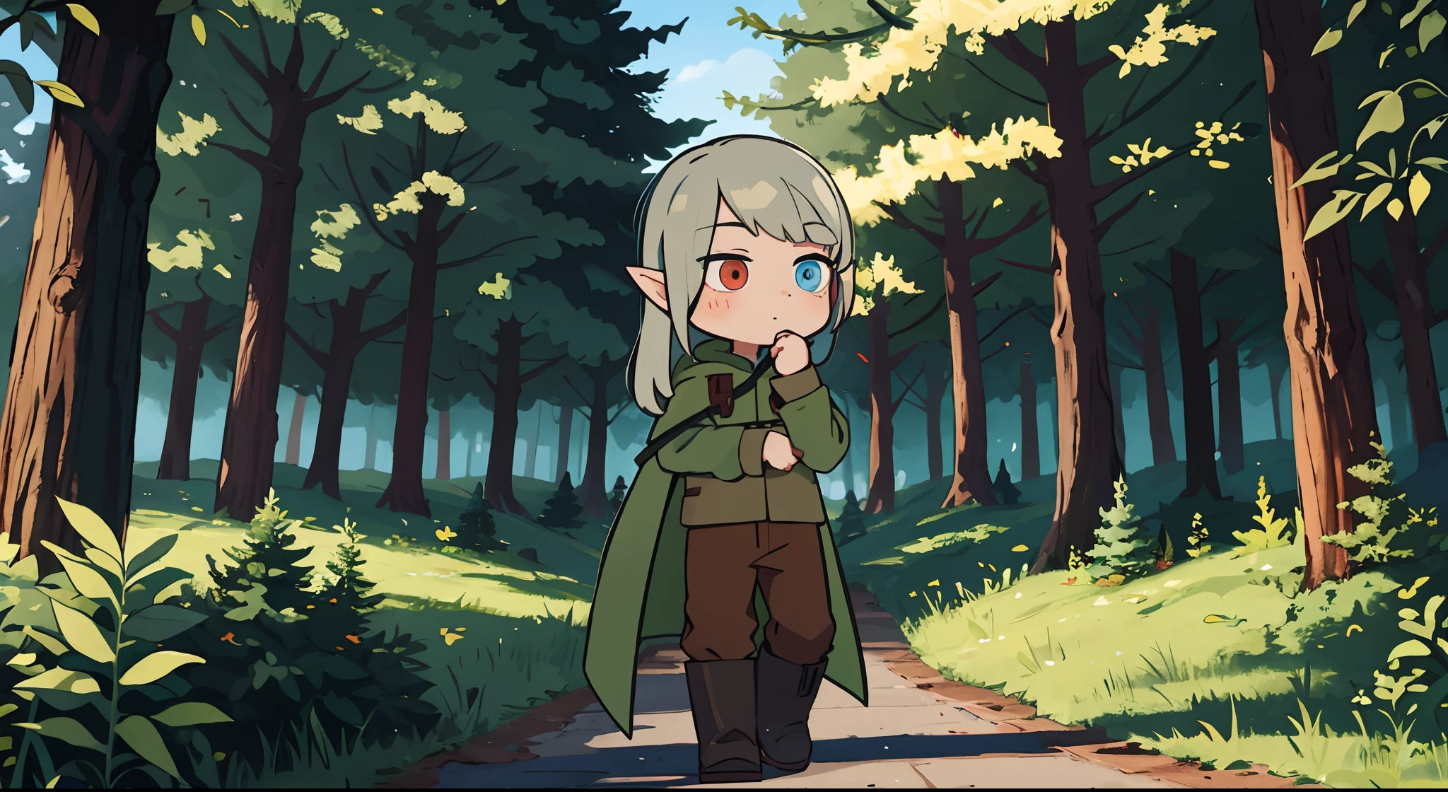 Background Forest, Guy Elf, beige hair, hairlong, Red right eye, The left eye is blue, green raincoat, Khaki shirt, brown pants, Black Boots, One eye is red, Second Blue
