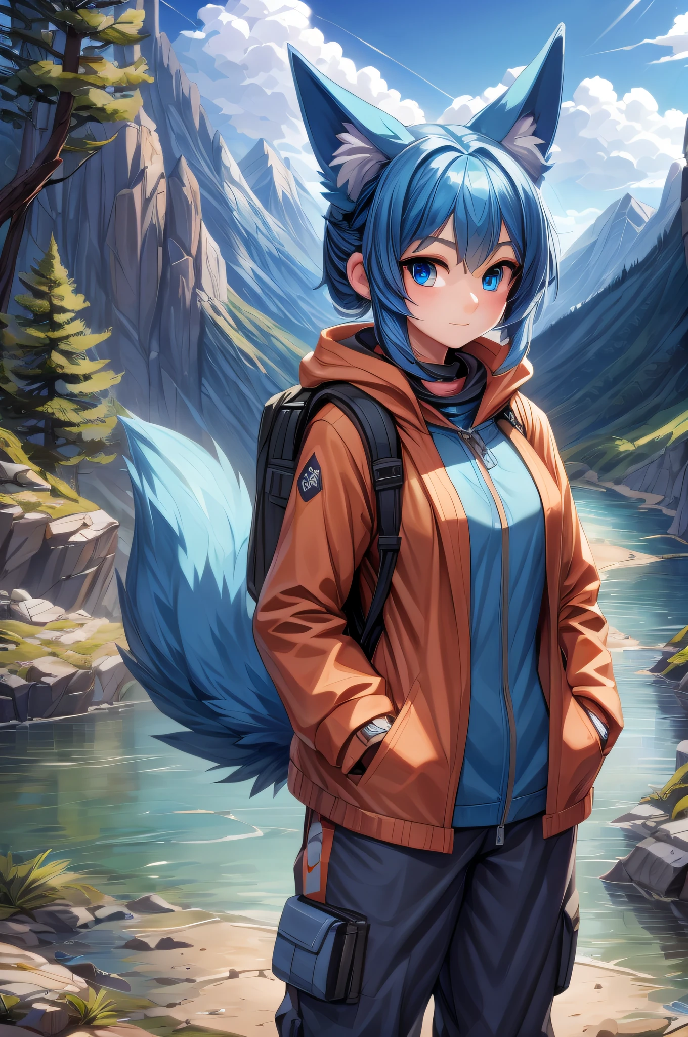 (Masterpiece) (High Detail) (High Res) A short ite humanoid girl with pale human skin and blue eyes and long blue hair and blue dog ears and a fluffy dog tail is stood outside by a river, with mountains in the background and a pretty landscape. She is wearing hiking gear, a large orange coat, black baggy combat trousers, a large black rucksack and a camera around her neck.