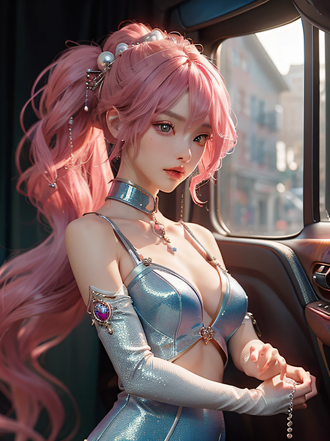 masterpiece、hightquality、。.。.。.。.。.。.。.3D、8K CG、intricate detailes、细致背景、Sacred。ornament detached, Dylan Kowalski, student, ((2girls)), The upper part of the body, musculature, Skindentation, looking to side, Pink hair、length hair, Mechanical arm, synthetic skin, porcelain, pearls, Holographic, Titanium, Diamonds, ruby, sapphires, Pedras preciosas, Clockwork, grunge, worn edges, s Armor, Beautiful breasts、Twin-tailed hairstyle、
