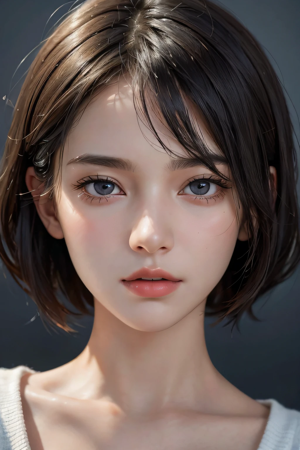 (Masterpiece: 1.3), (8k, Photorealistic, RAW Photo, Best Quality: 1.4), (1girl), Beautiful Face, (Realistic Face), (Black Hair, Short Hair: 1.3), Beautiful Hairstyle, Realistic Eyes, Beautiful Detail Eyes, Realistic Skin, Beautiful Skin, Sweater, Absurd, Attractive, Ultra High Resolution, Ultra Realistic, High Definition, Golden Ratio, Cleavage