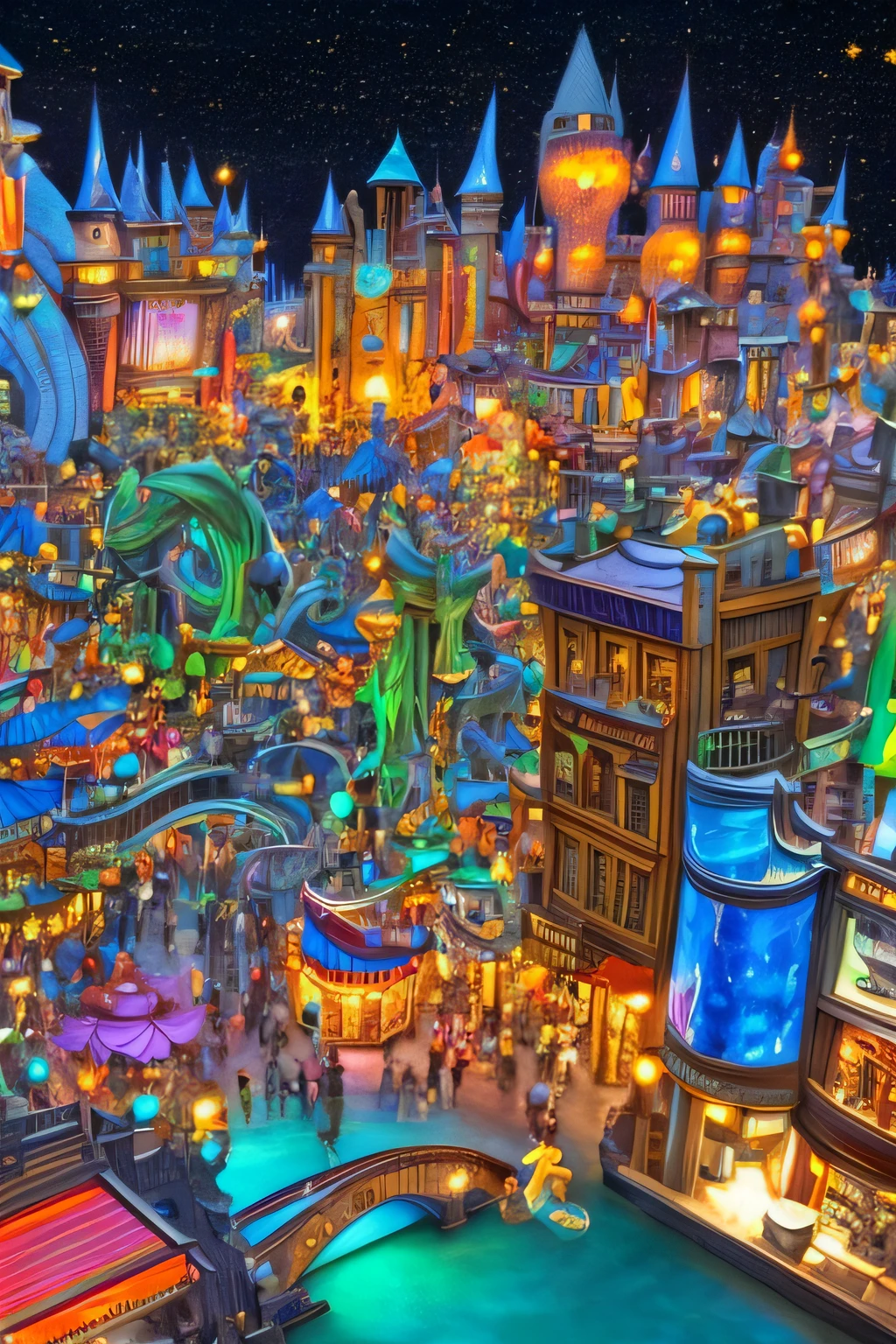 Universal Studios at night,An amusement park、 rollercoaster、{a lot of people}、{People who like to smile}、Magical town of bustling nights, Universal Studios、 magic fantasy highly detailed, Colorful, in fantasy sci - fi city, Universal Studios at Harry Potter, beautiful render of a fairytale, 4K highly detailed digital art, Universal Studios Concept Art, fantasy cityscape