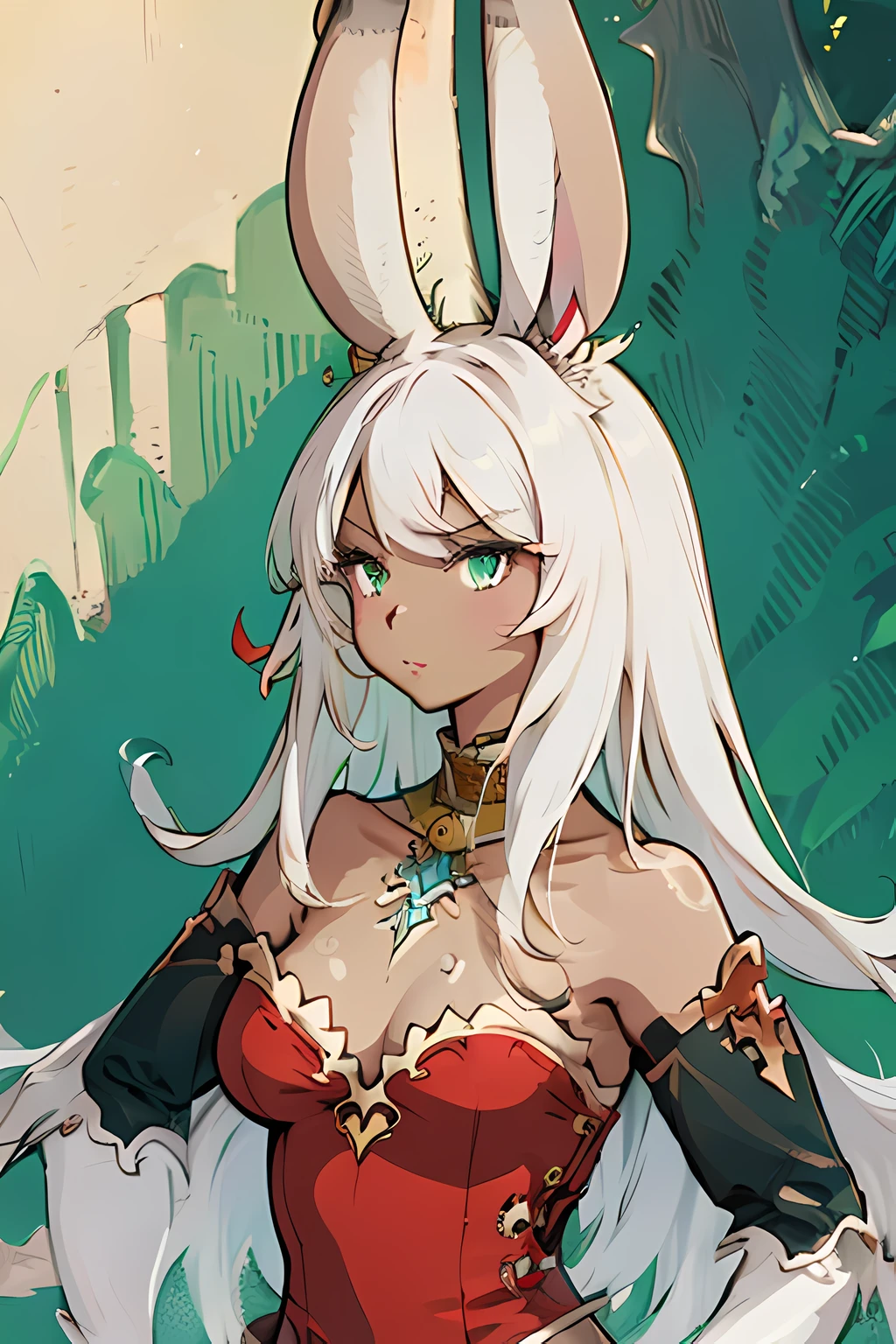 ((masterpiece)), ((best quality)), ((highres)),HDR, 1girl, a pretty viera with long hair , green eyes, red dress, red lipstick, viera, perfect hands, perfect face, perfect arms, detailed hands