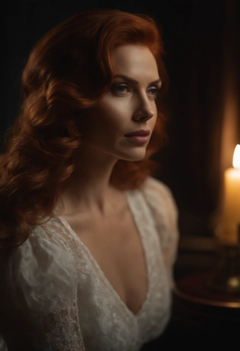 oto de escarlate johansson, mulher bonita cabelo preso para cima, redhead, deitada na cama (pernas abertas), (corpo inteiro: 1,3), figura sexy, (peitos grandes: 1,3), (meias rendadas), (obra-prima) (melhor qualidade ) (detalhado) (8k) (HDR) (papel de parede) (cinematic lighthing) (foco nítido) (intrincado)