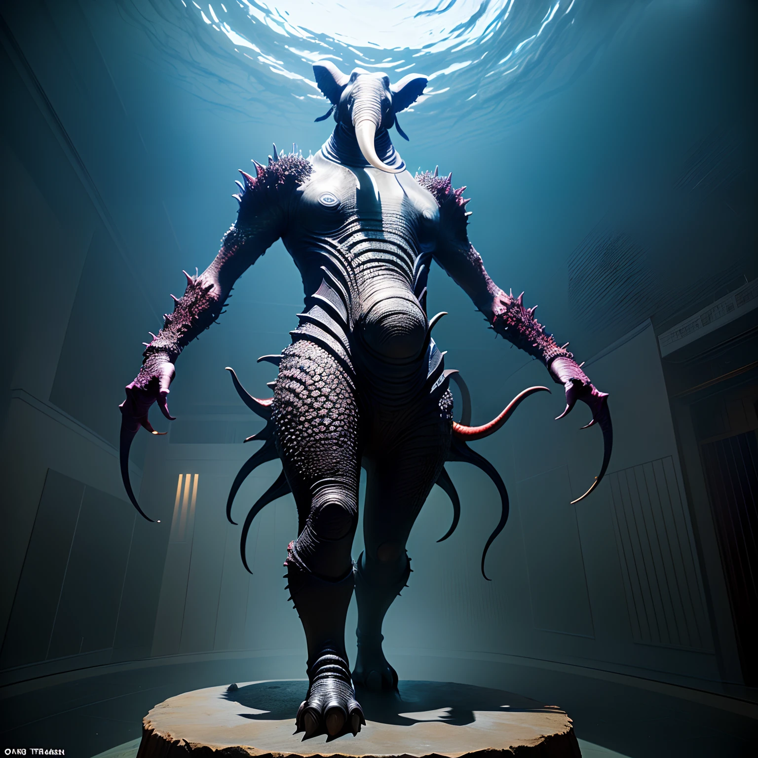 (extremadamente detallado, obra maestra, La mejor calidad), Estilo oscuro, intense illumination, rostro con arrugas, lengua larga, tentacle, deforme, monstruoso, interior de una piscina de agua verdosa, imagen submarina, alien con Colmillos finos, pico de pulpo amenazante. manchas de tinta. Rococo composition. Luz de caravaggio