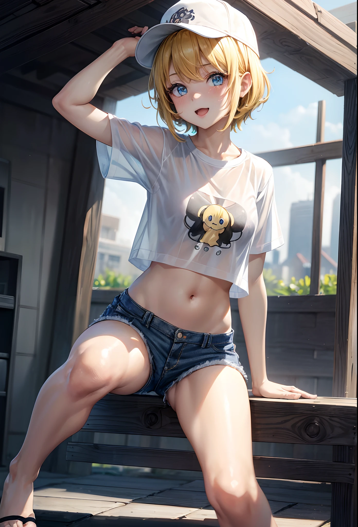 ((masutepiece)), ((Best Quality)), ((kawaii)), Cute, (lovely), (Ero), ((hight resolution)), (8K picture quality), (Beautiful), Dynamic Angle, raise a hand, city, Town, 1girl in, Solo, beautiful yellow hair, Beautiful light blue eyes, ((beautidful eyes)), Very Shorthair, Baseball Cap, Smile,( White loose T-shirt, Sheer T-shirt)、Navel Ejection, Low Rise Hot Pants,((turned around))、crouching down、(Protruding panties 1.8)