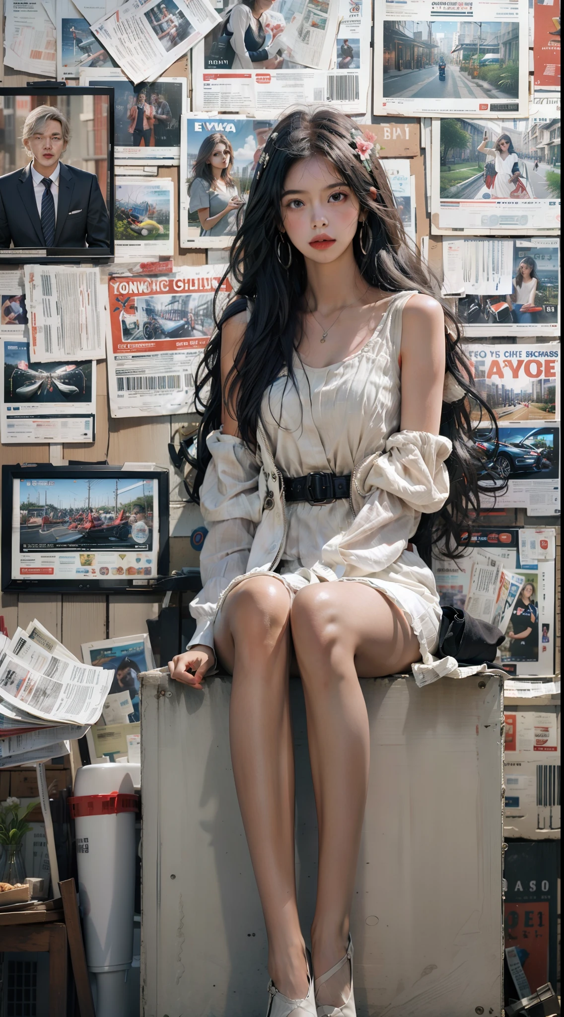 Masterpiece,Best quality,Ultra-detailed,Extremely detailed Cg Unity 8K wallpaper,1girll,White dress,flower,balloon,Newspaper,over the sea,kawa,Newspaper background,