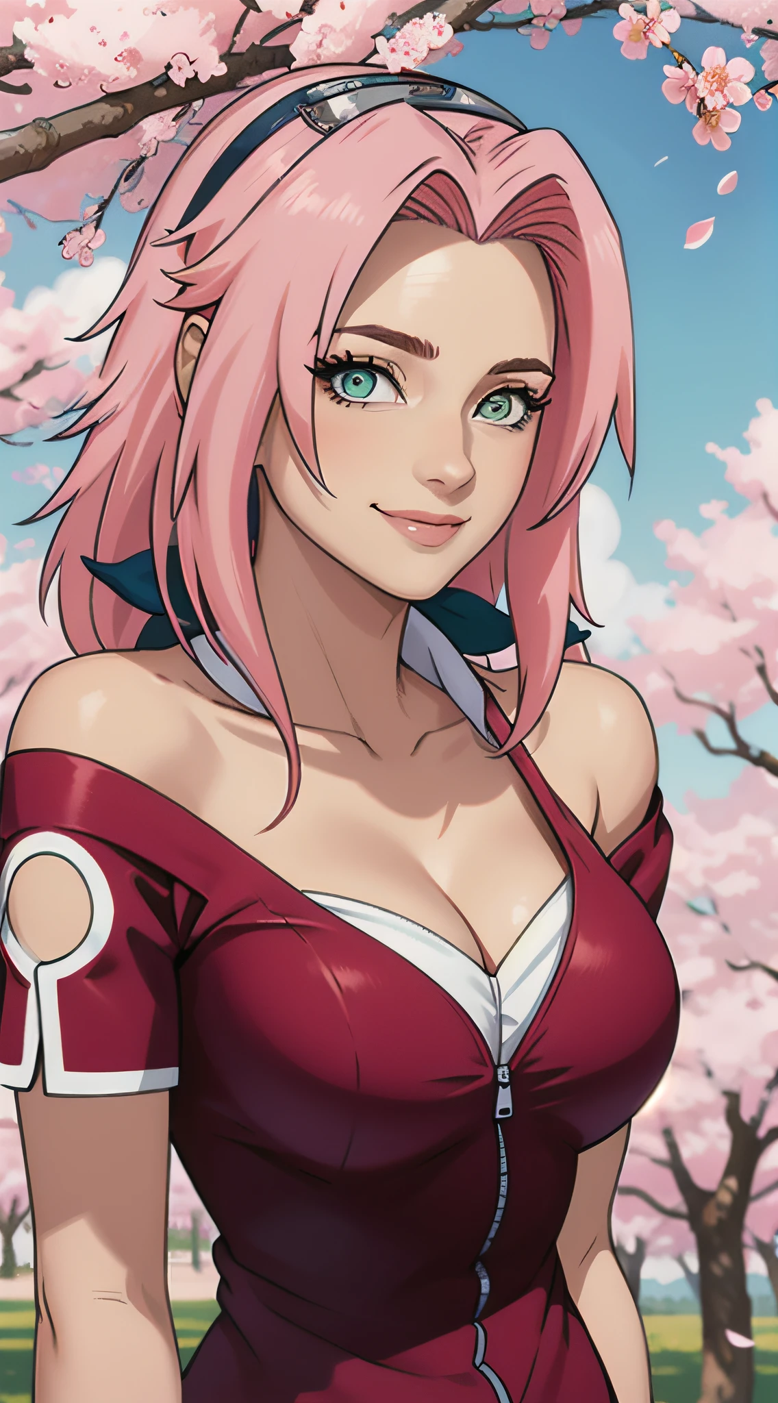 tmasterpiece， Best quality at best， 1girll， Sakura Haruno， Large breasts，Off-the-shoulder attire，（cleavage)，（upperbody closeup)，Raised sexy，is shy，ssmile，with pink hair， long whitr hair， （Green eyeballs:1.4)， Forehead protection， the cherry trees，Cherry blossoms flying，Red clothes，Zipper half