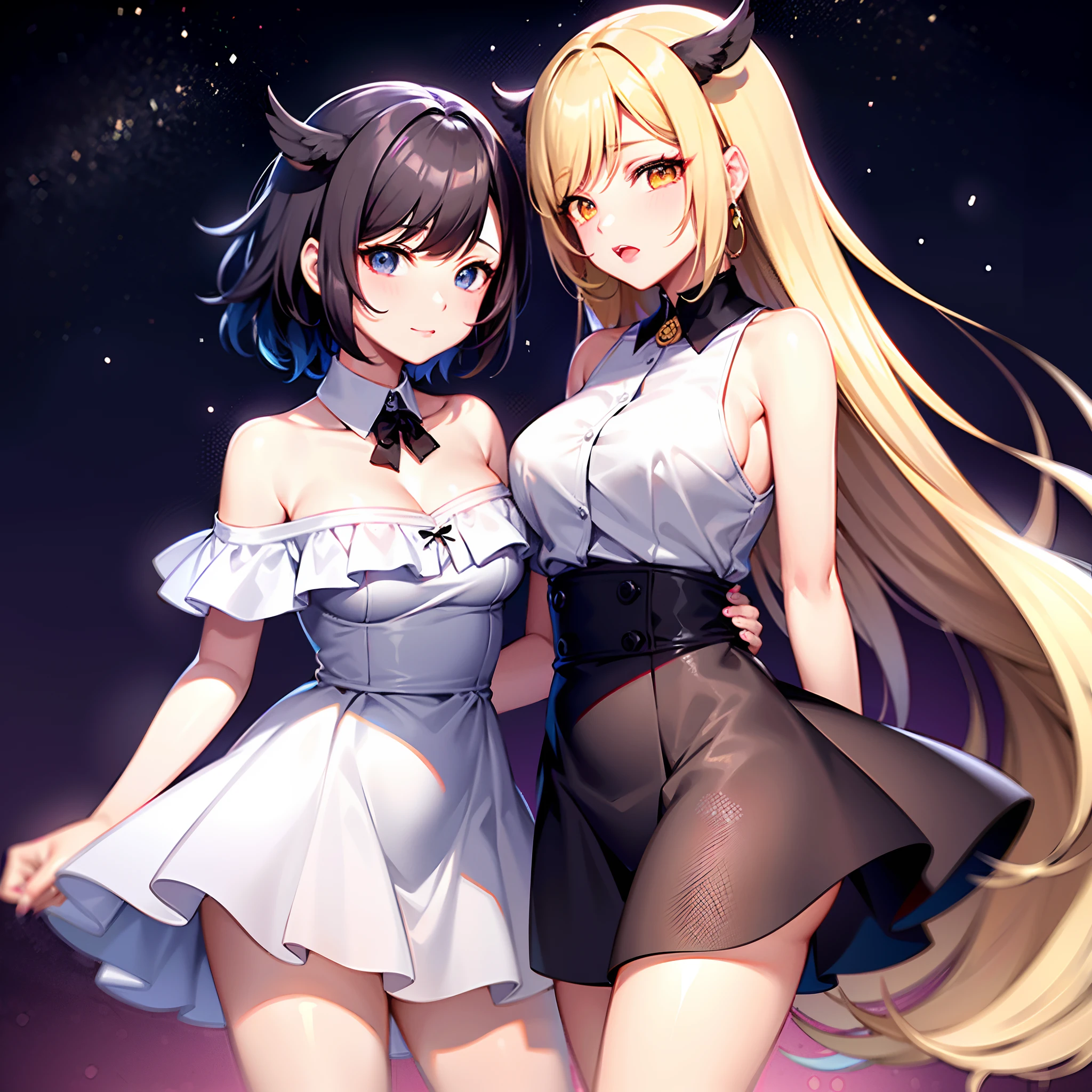 mejor calidad, ultra-high-resolution, 2 young girls, lesbianas, camisa blanca sin mangas con botones, falda negra, gargantilla negra, lindo, (Kpop idol), (aegyo sal: 1), (pelo rubio platino: 1), ((ojos hinchados)), mirando en el espectador, cuerpo completo, mirando hacia el frente