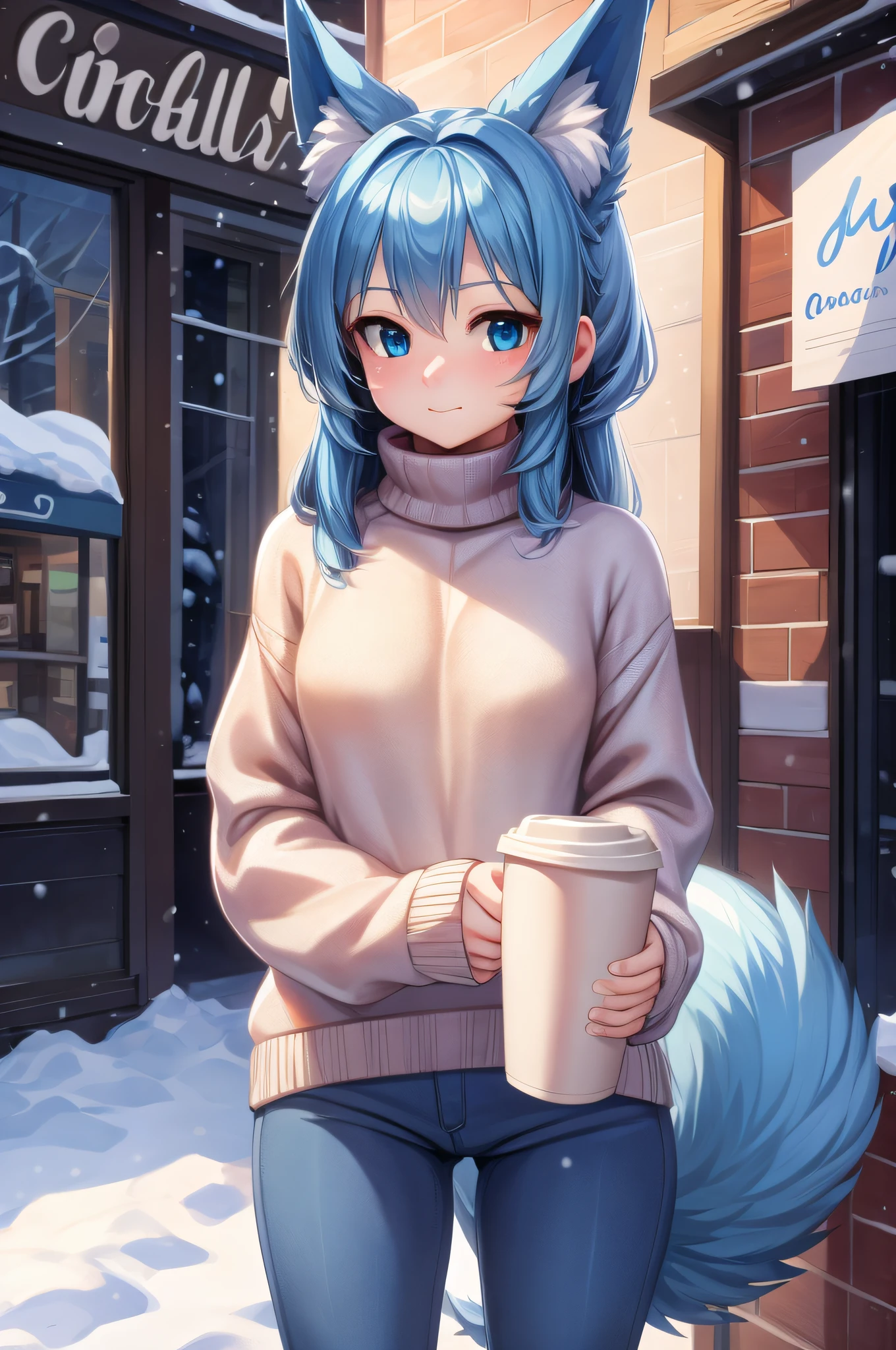 (Masterpiece) (High Detail) (High Res) A short petite humanoid girl with pale human skin and blue eyes and long blue hair and blue dog ears and a fluffy dog tail is wearing a turtleneck sweater and jeans, and is holding a cup of coffee outside a small coffee shop in the winter.