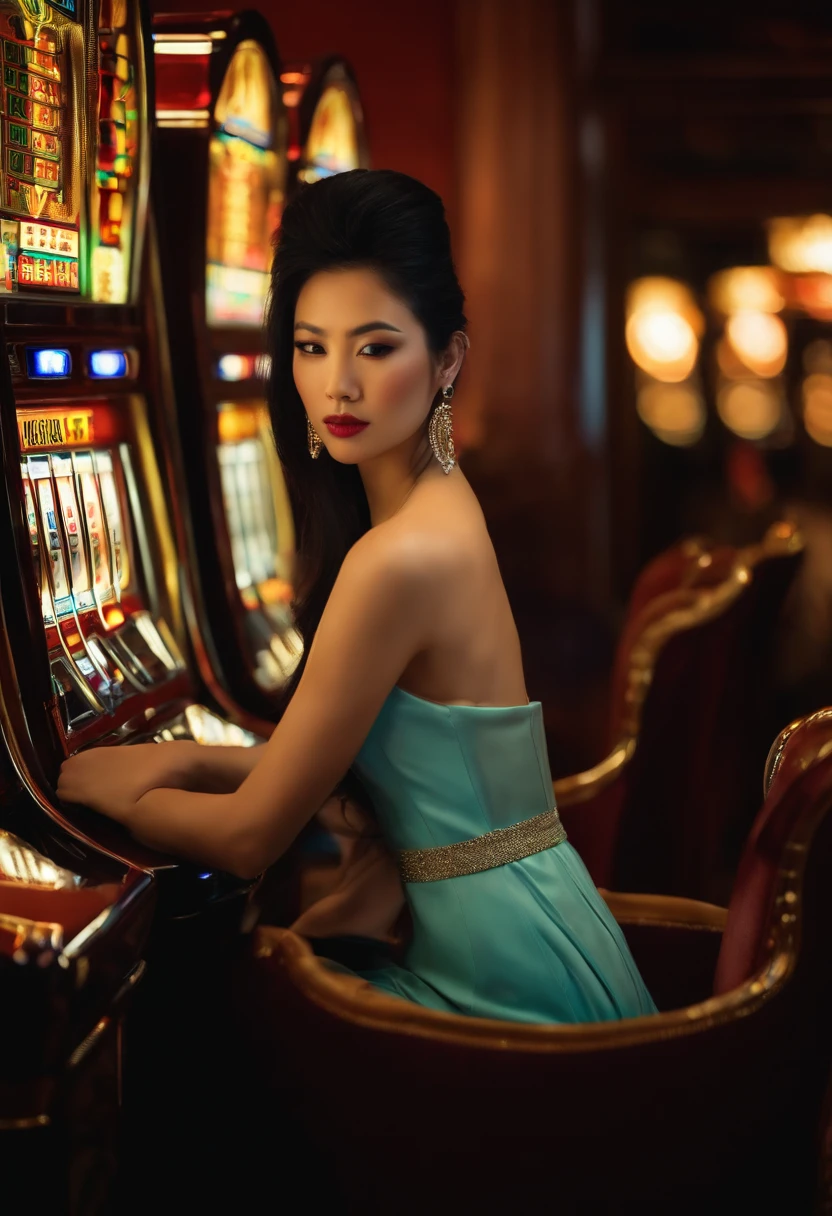 a young asian woman, Bitter white skin, Long shiny black hair release, Sitting in front of a slot machine, In the hallway of the hotel.
