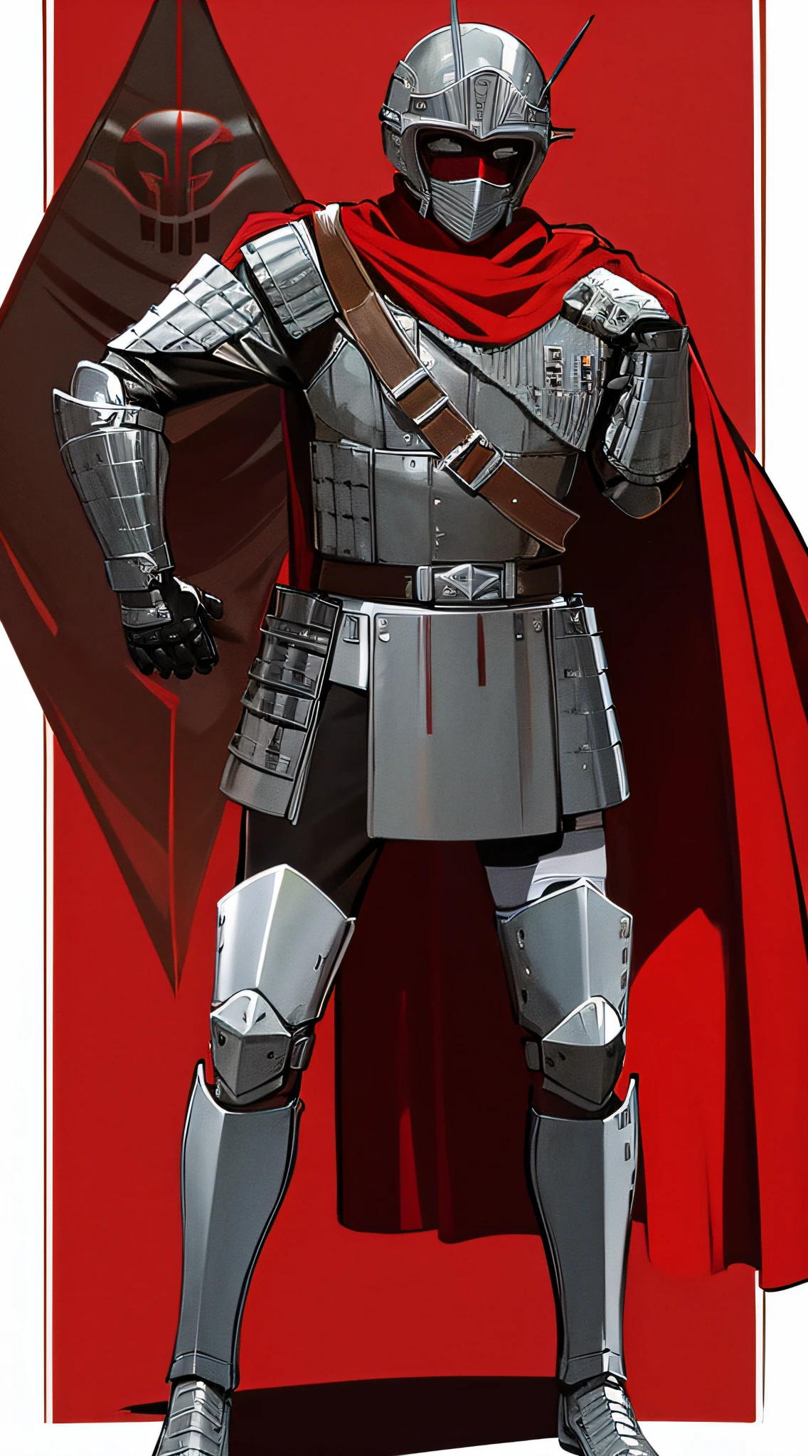 Roman soldier with red cape in modern sci fi armor and metal mask on face, full body and armored, modern uniform, soldart