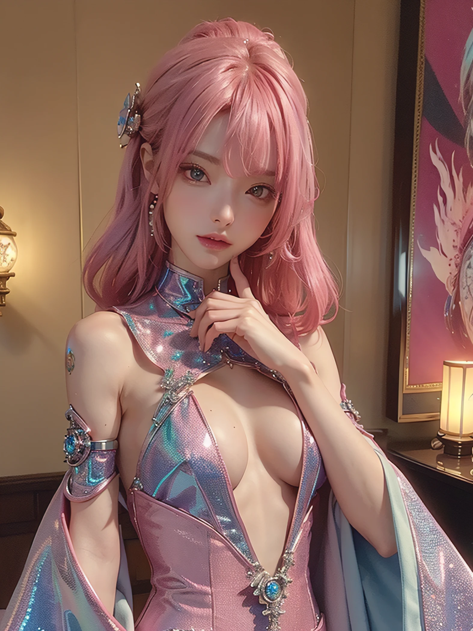 masterpiece、hightquality、。.。.。.。.。.。.。.。.3D、8K CG、intricate detailes、细致背景、Sacred。ornament detached, Dylan Kowalski, student, ((2girls)), The upper part of the body, musculature, Skindentation, looking to side, Pink hair、length hair, Mechanical arm, synthetic skin, porcelain, pearls, Holographic, Titanium, Diamonds, ruby, sapphires, Pedras preciosas, Clockwork, grunge, worn edges, s Armor, Beautiful breasts、Twin-tailed hairstyle、