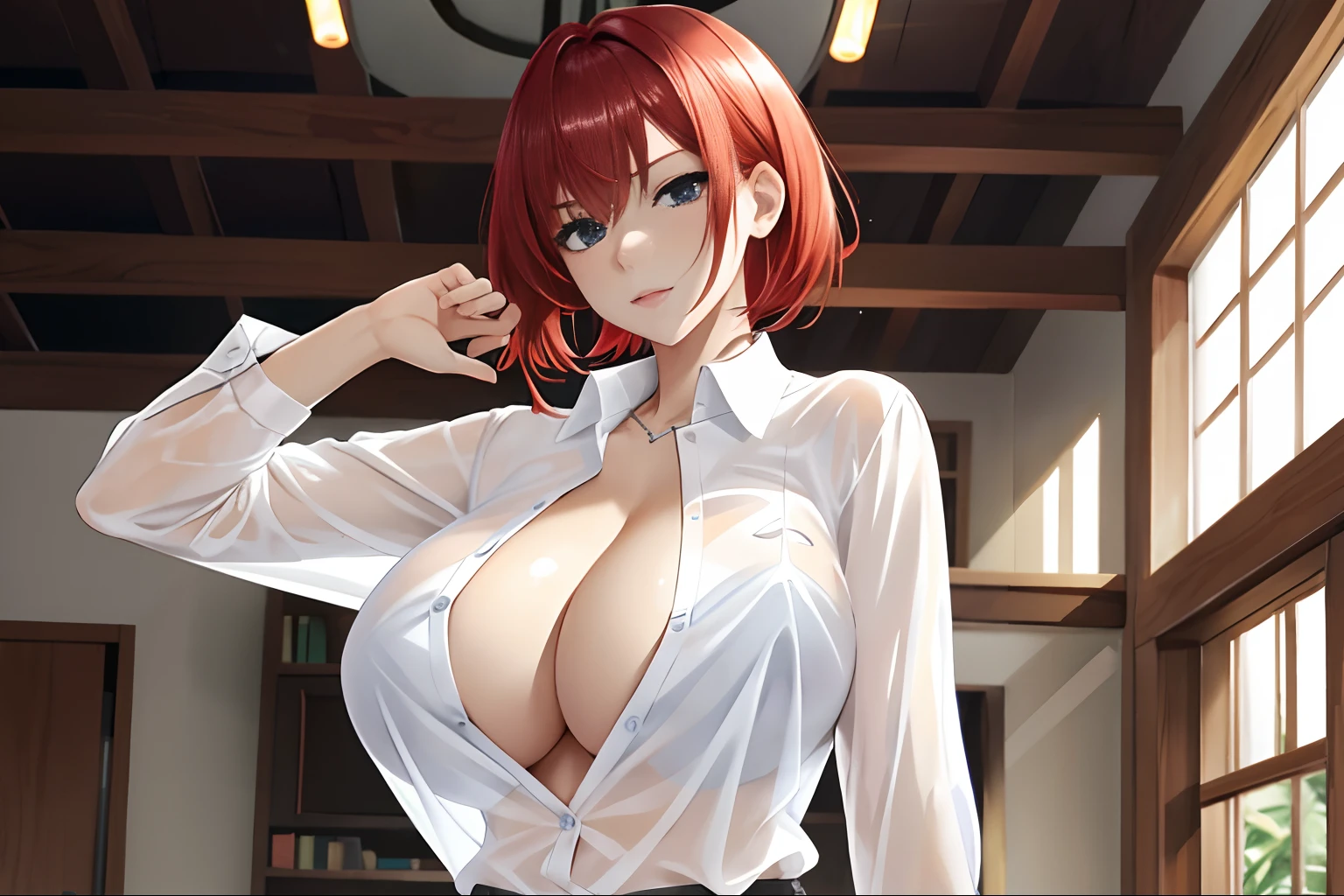 masutepiece, best qualtiy, femele, (see through shirts), (Super Detailed Face),(Buttoned shirt)、Visible areola indoor shooting, Red hair, shiny oily white skin, gigantic cleavage breasts, white tit，Curve, nffsw, Abs,Squat， NSFW,