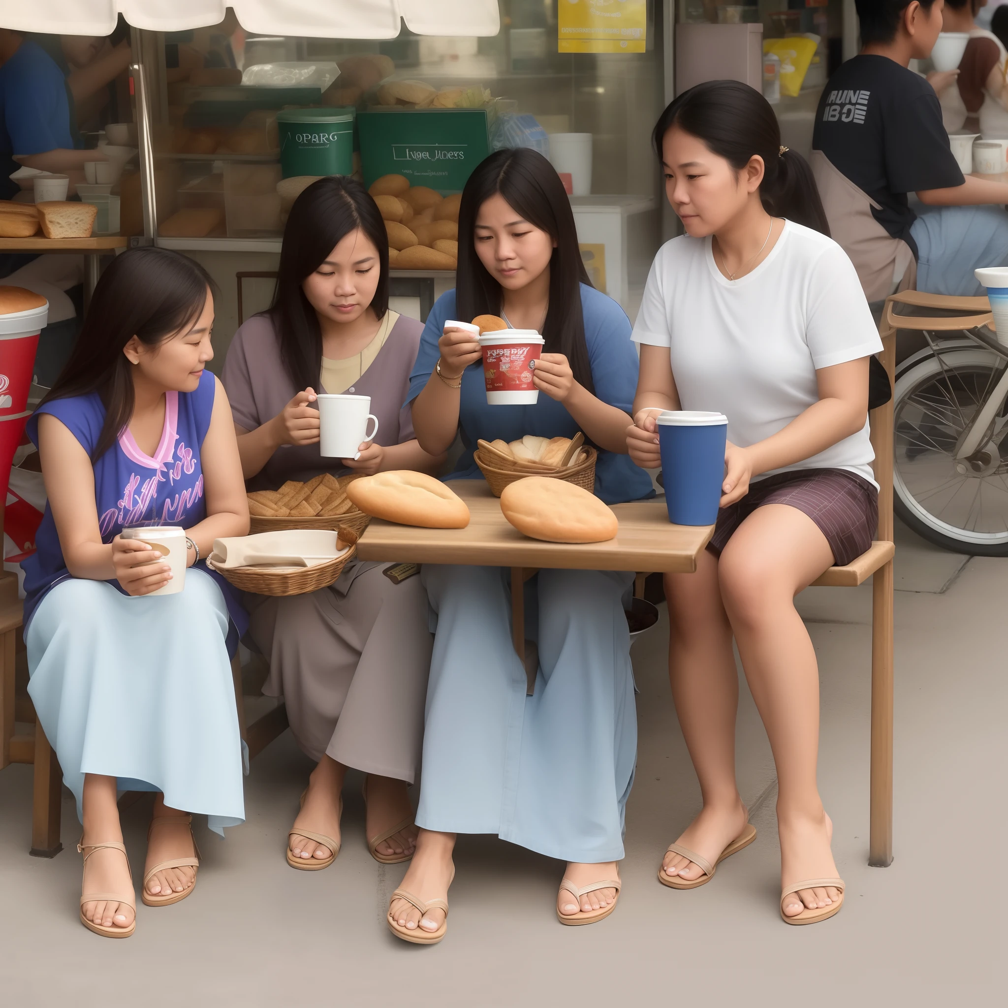 "Generate a hyper-realistic 4K digital image depicting Filipino people engaging in their morning street activities. Portrait closeup face, Show individuals enjoying their coffee, sweeping the roads, and savoring bread. This scene should exude the essence of a photorealistic photograph, capturing the genuine morning street life in the Philippines with meticulous detail and precision."
