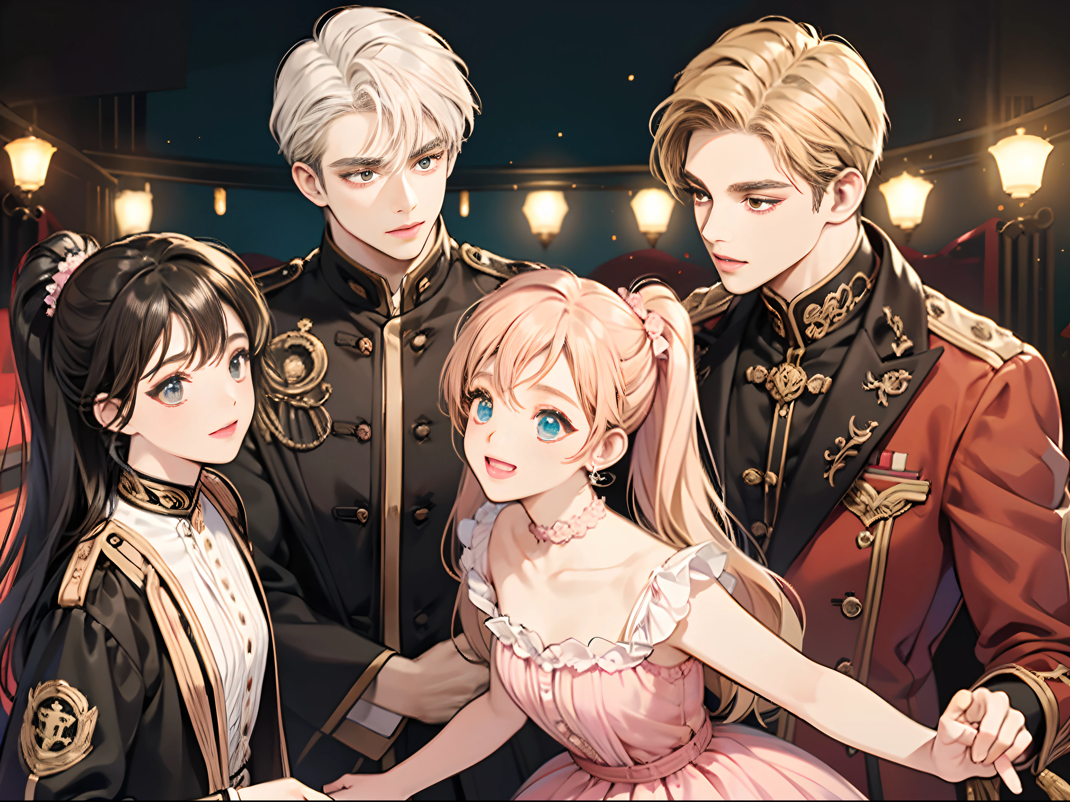 (Best Quality,4K,High resolution), Delicately expressed illustrations with realistic details，Gathering of 5 women＋selfee，Looking at the camera、Point the camera up，Staring at this、Smile，Red color clothes，（Black long straight hair），Yellow clothes，（ Brown bob hair）Blue color clothes，（short-haired and disheveled hair,,,,） pink color clothes，（ Beautiful with a pink ponytail），white colored clothes，（Blonde twintails），5 women of idol type，stage，Lively exterior，comic strip，animesque，Comical illustration，Cute illustrations delicately drawn in detail，Looking up at the camera from above