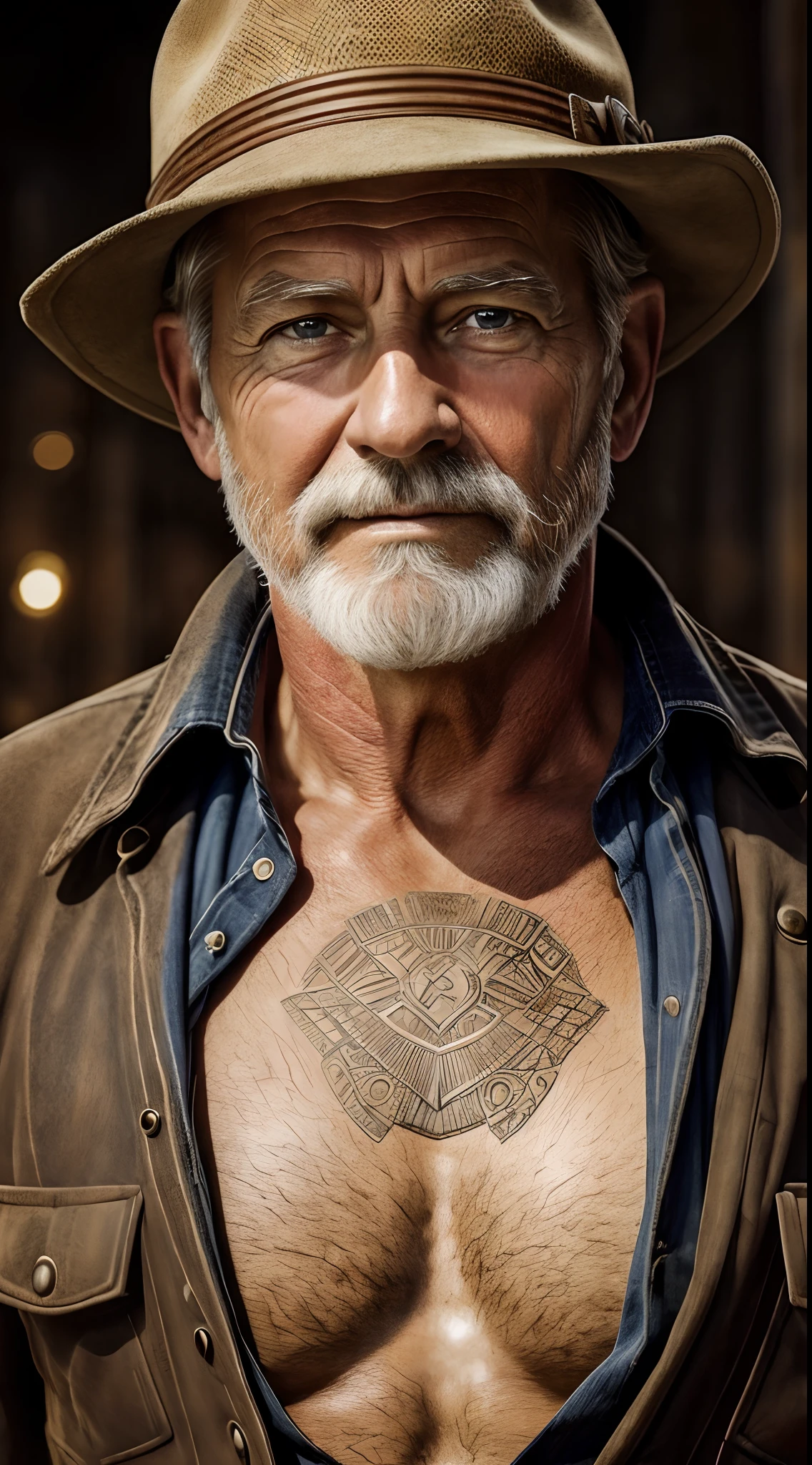 Sharpen, intaglio, hyper photorealism,closeup cleavage, Best quality, Ultra-detailed, Photorealistic 1.4, Super detailed skin, Natural hair color, (1 American man), 76 years old,miners,(Solo),traditional garb,in a city at night