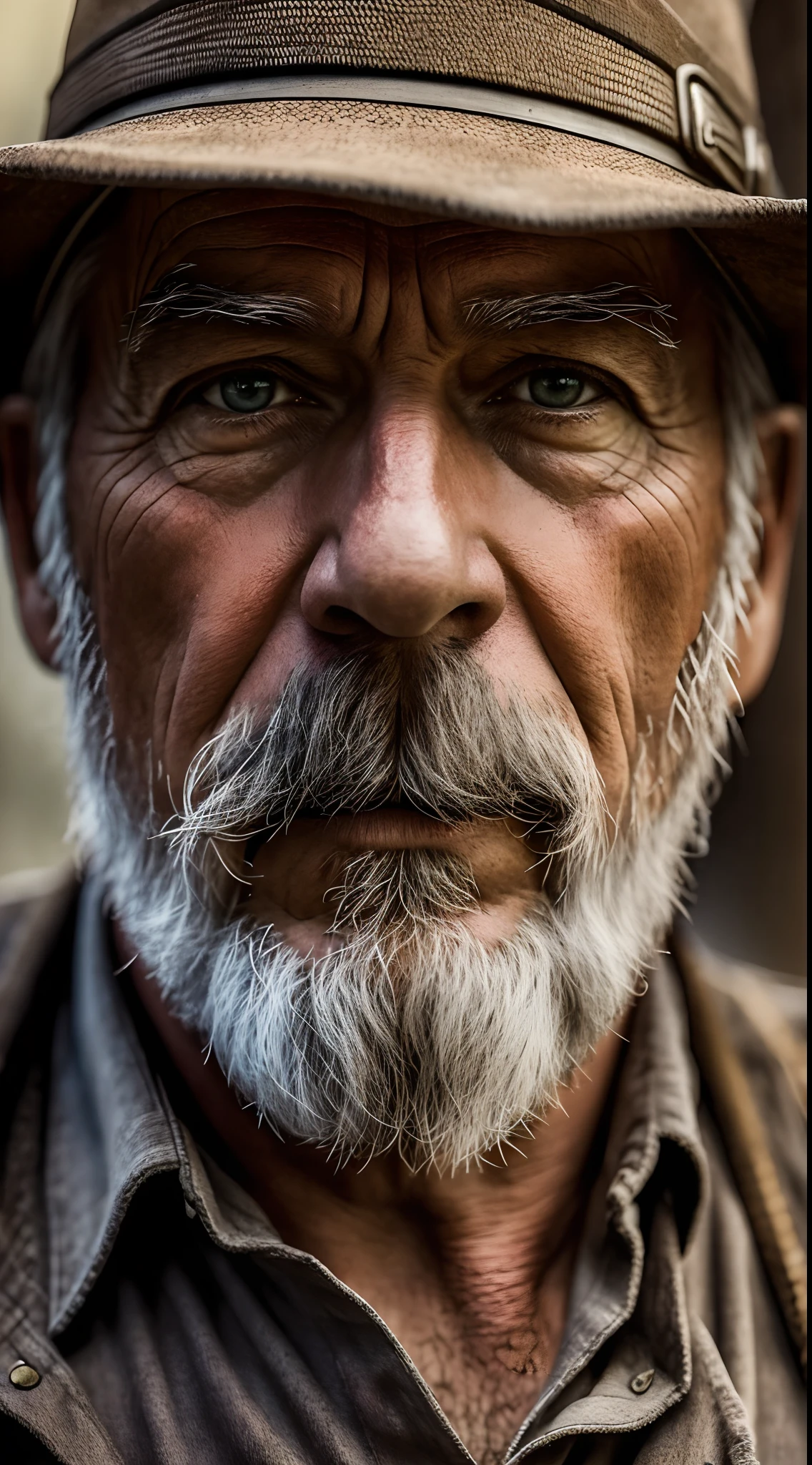 Sharpen, intaglio, hyper photorealism,closeup cleavage, Best quality, Ultra-detailed, Photorealistic 1.4, Super detailed skin, Natural hair color, (1 American man), 76 years old,miners,(Solo),traditional garb,in a city at night