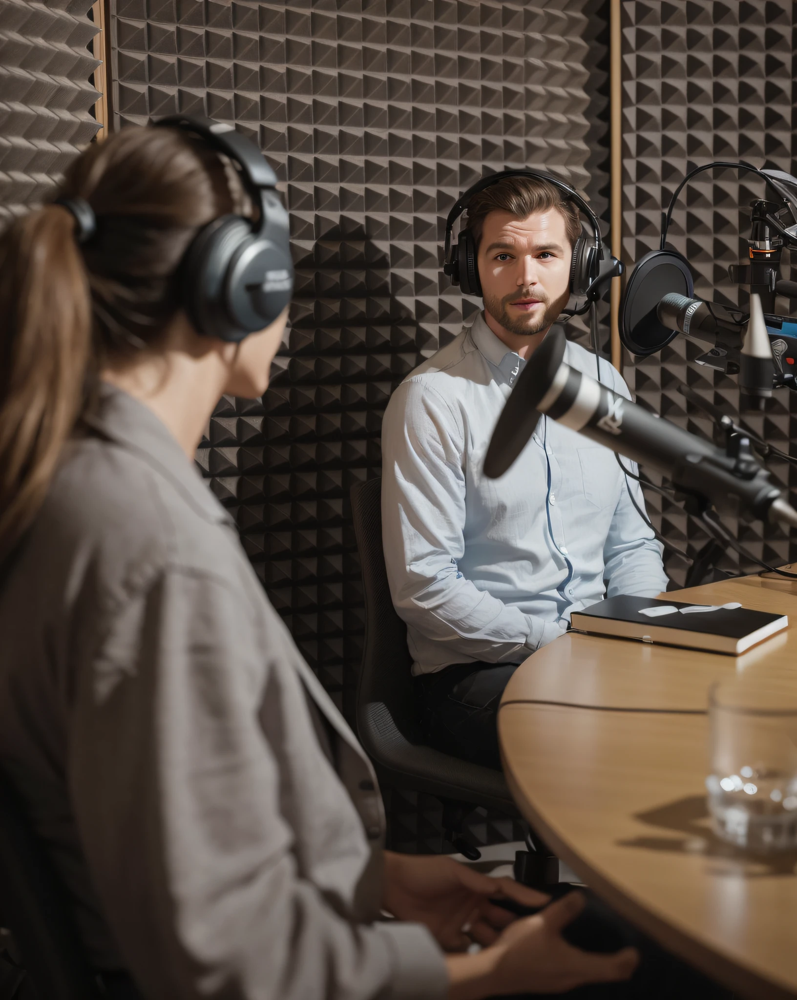 Woman sitting at table with man in recording studio, Sitting in front of a microphone, Laugh, Table with microphones, Mixing Console Gives Interviews, I talk calmly 8k, Studio shooting, portrait shot, shoulder in front pose, Stock Photo, Wearing modern headphones, Wearing a headset, exclusive, on a dark background, transparent background, Studio recording