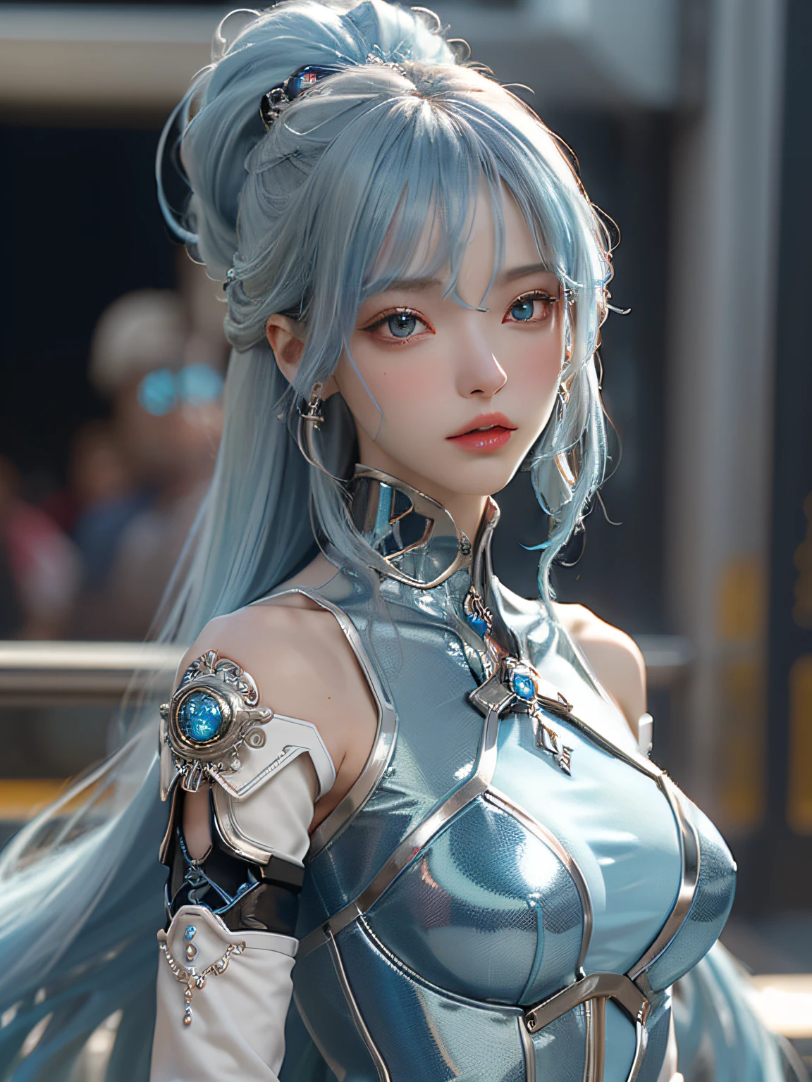 ​masterpiece、hightquality、。.。.。.。.。.3D、8K CG、intricate detailes、细致背景、Sacred。ornament detached, Dylan Kowalski, , ((2girls)), The upper part of the body, musculature, Skindentation, looking to side, Light blue hair、length hair,  Mechanical arm, synthetic skin, porcelain, pearls, Holographic, Titanium, Diamonds, ruby, sapphires, Pedras preciosas, Clockwork, grunge, worn edges, s Armor, Beautiful breasts、Twin-tailed hairstyle、