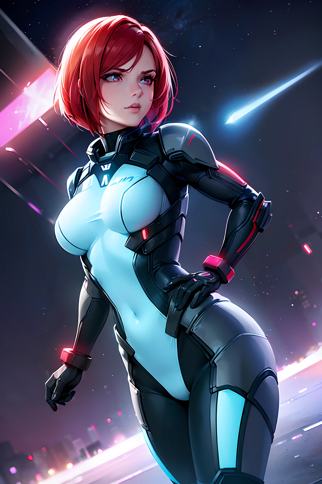 (Perfect Quality), (neon lights), a closeup of a, ((1 woman), Female Commander Shepard from Mass Effect, Redhead, athletic, beatiful face),( walks through the city), (hands on the waist), (Battle armor), ( Nebula in the background)