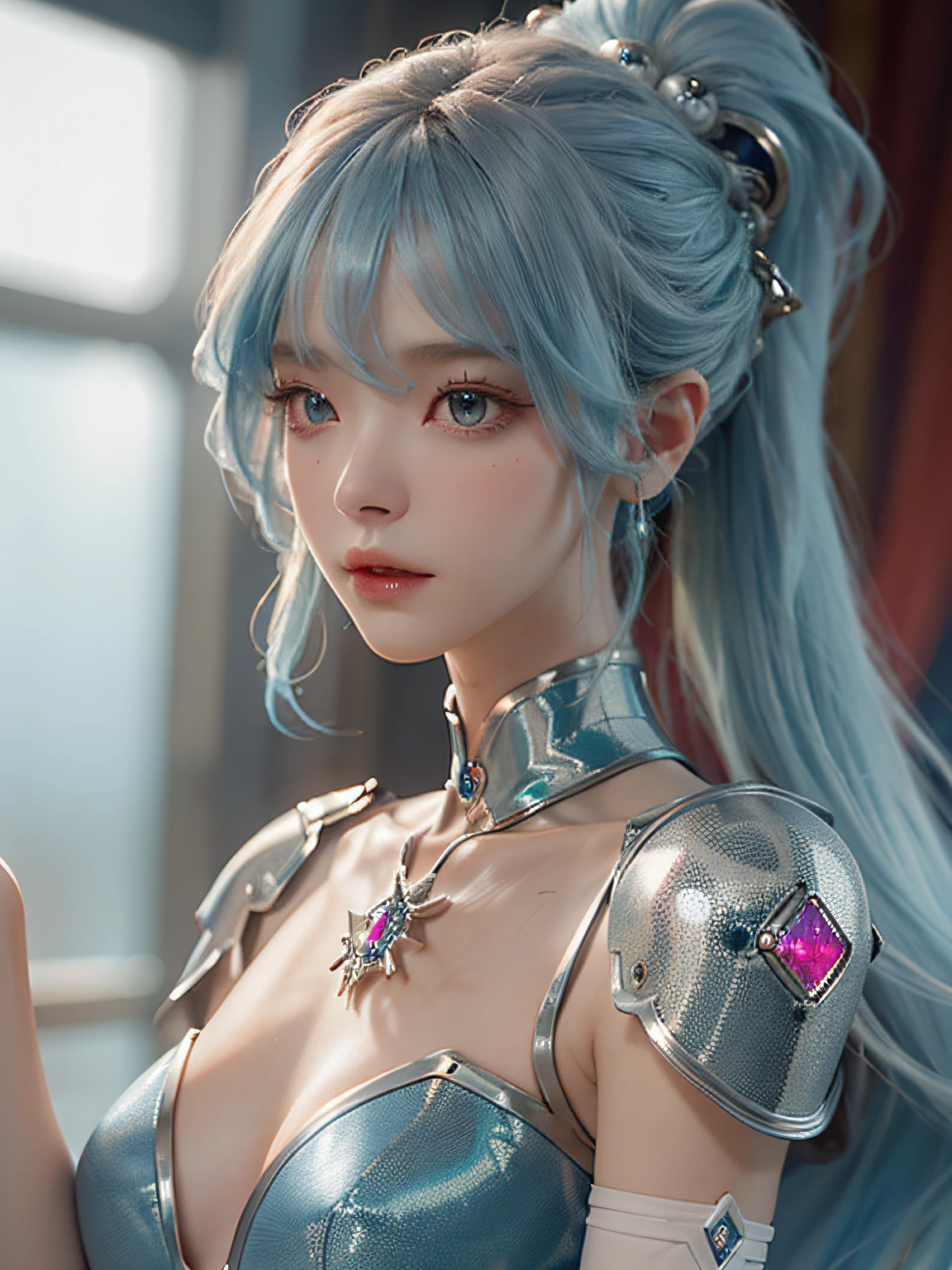 masterpiece、hightquality、。.。.。.。.。.3D、8K CG、intricate detailes、细致背景、Sacred。ornament detached, Dylan Kowalski, 15yo student, ((2girls)), The upper part of the body, musculature, Skindentation, looking to side, Light blue hair、length hair, Mechanical arm, synthetic skin, porcelain, pearls, Holographic, Titanium, Diamonds, ruby, sapphires, Pedras preciosas, Clockwork, grunge, worn edges, s Armor, Beautiful breasts、Twin-tailed hairstyle、