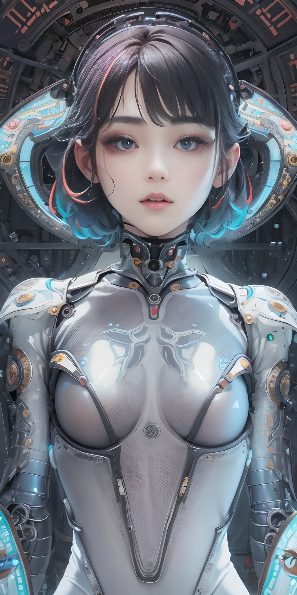 Super beautiful eyes、(top-quality:1.6)、(tmasterpiece:1.4)、intricately details、(Cute and gorgeous 20 year old Korean girl:1.3)、(1girll:1.3)、(Detailed sky:1.2)、(wearing white latex bodysuit:1.3)、angelicales、agilawood、(cybernetic halo:1.3)、(Small head:1.4)、(Large full breasts:1.2)、Detailed eye details pupil multiple eyes、panoramicshooting，Long-range shooting，fully body photo